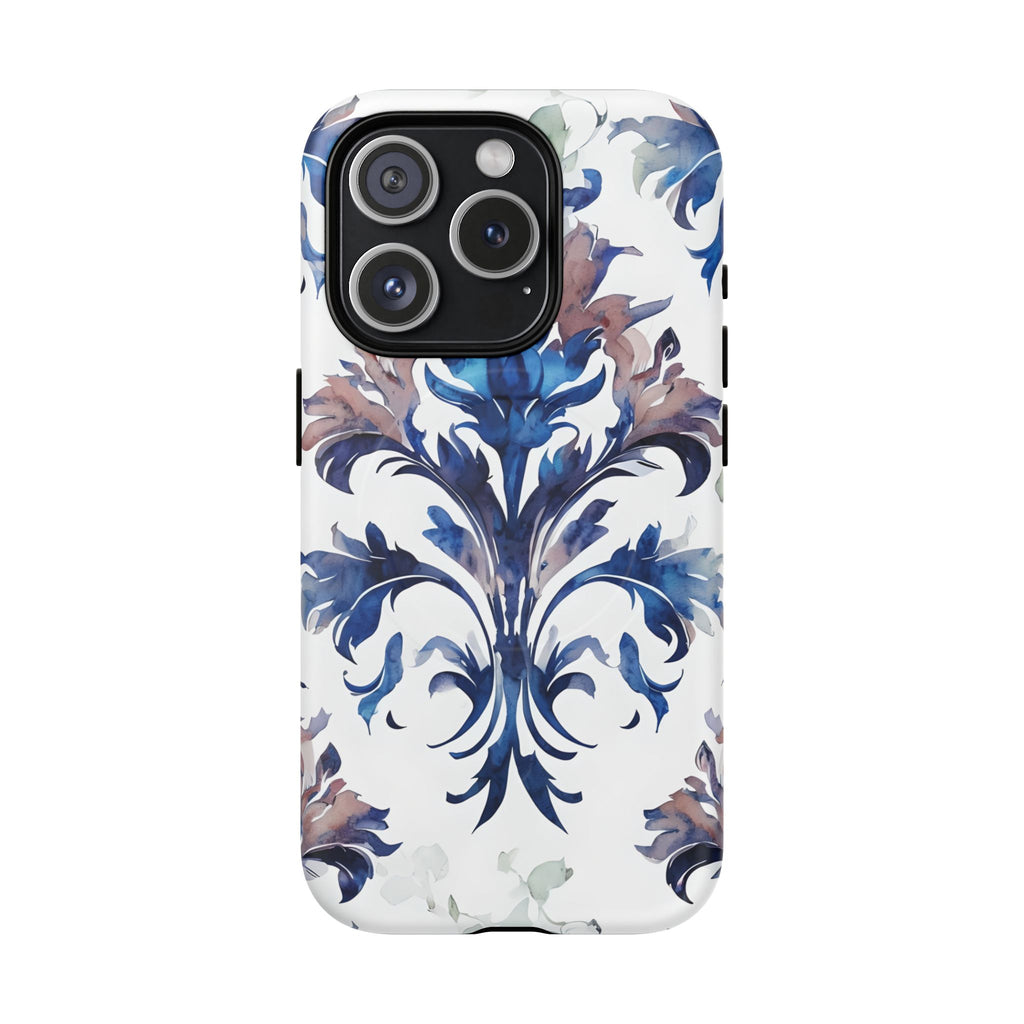 Delft Reverie - Elegant Blue & White iPhone 15 Pro MagSafe Phone Case - Dutch Delftware-Inspired Floral Design
