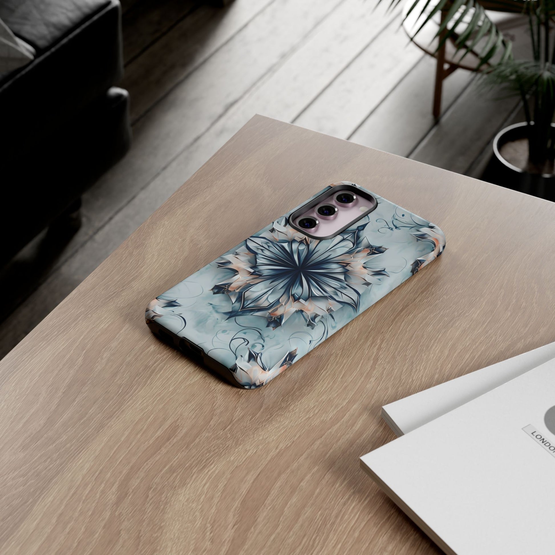 Indigo Mirage - Artistic Kaleidoscope Collection Artistic Floral - Samsung Galaxy S23 Plus Tough Phone Case - Bold Indigo Symmetrical Design