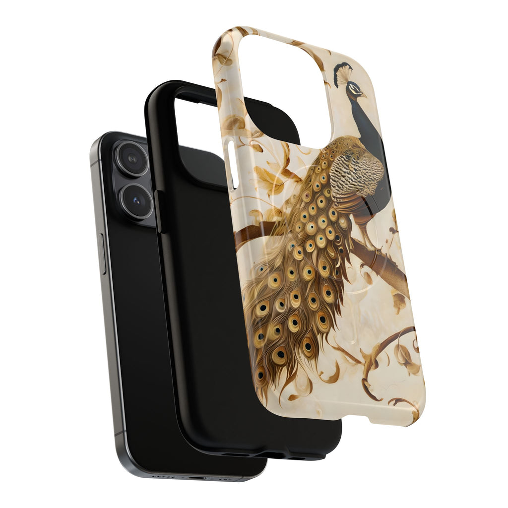 Golden Plumage - Luxe Peacock Art iPhone 15 Pro Phone Case - MagSafe Compatible - Elegant Gold & Cream Design