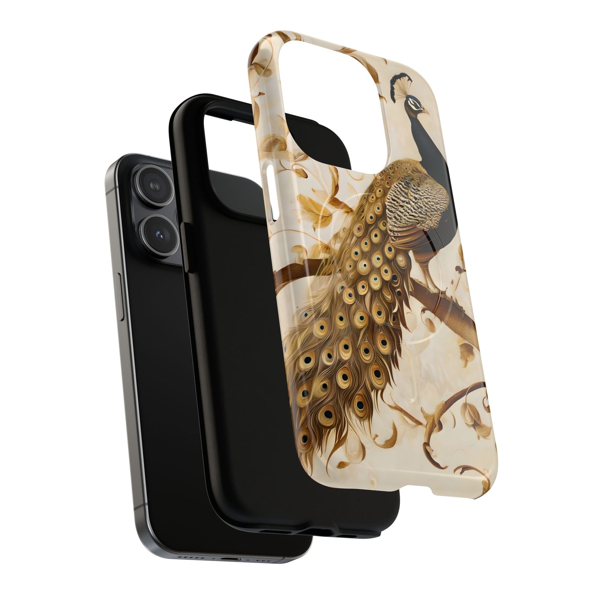 Golden Plumage - Luxe Peacock Art iPhone 15 Pro Phone Case - MagSafe Compatible - Elegant Gold & Cream Design