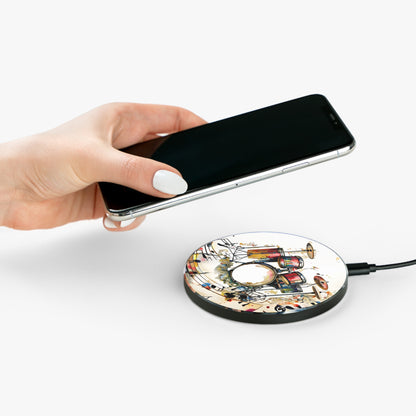 Hand placing smartphone on Beatline drum kit music design Qi wireless charger