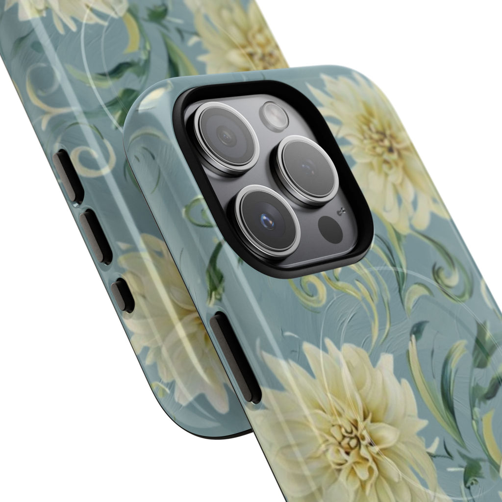 Golden Dahlia Trio - Elegant Floral iPhone 15 Pro MagSafe Phone Case - Artistic White & Blue Dahlia Design