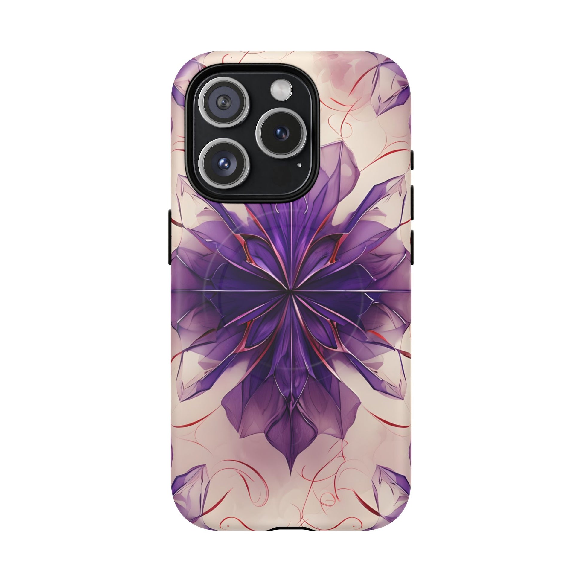 Violet Reverie - Kaleidoscope Collection Artistic Floral Burst - iPhone 15 Pro MagSafe Phone Case - Bold Purple Symmetrical Design