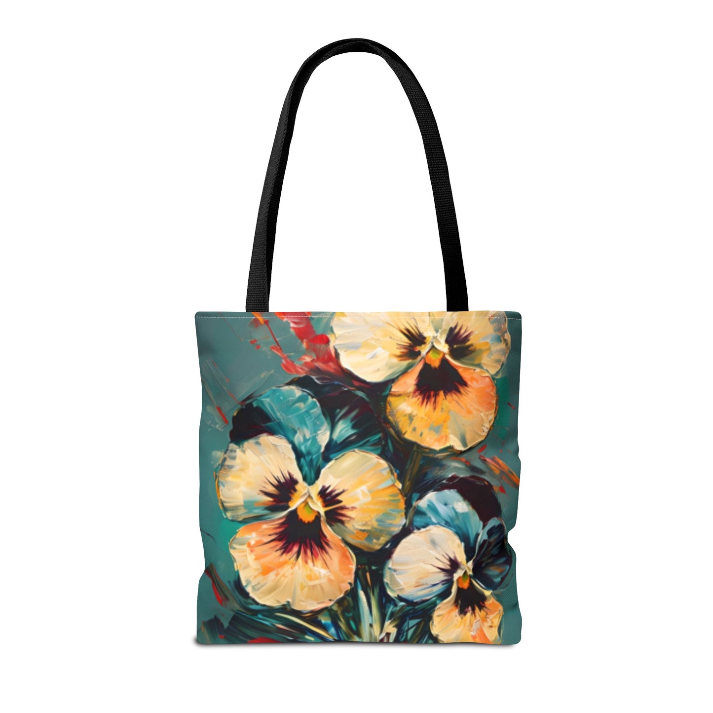 Golden Pansy Canvas Tote Bag (16x16 & 18x18) - Floral Design with Deep Teal Background, Eco-Friendly Shopping Bag
