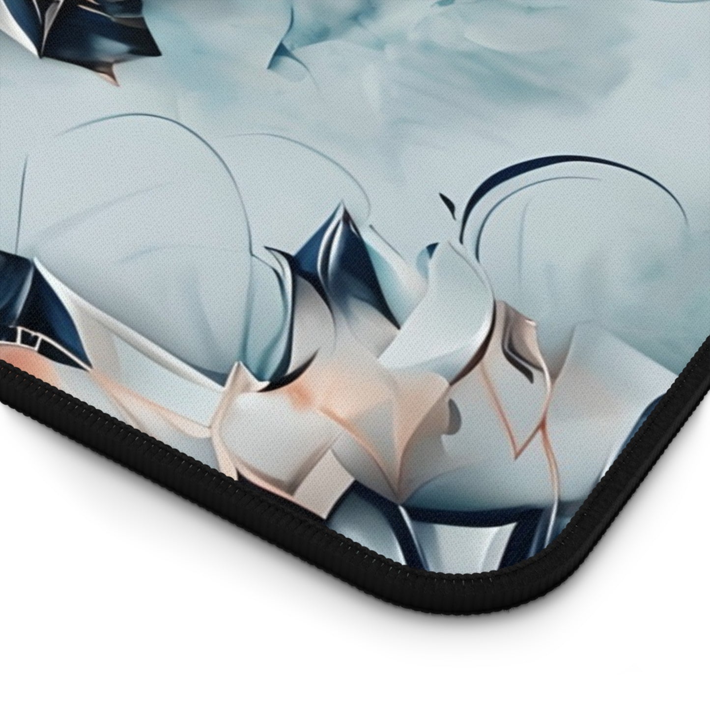 Close-up of Indigo Mirage desk mat showing detailed blue abstract pattern