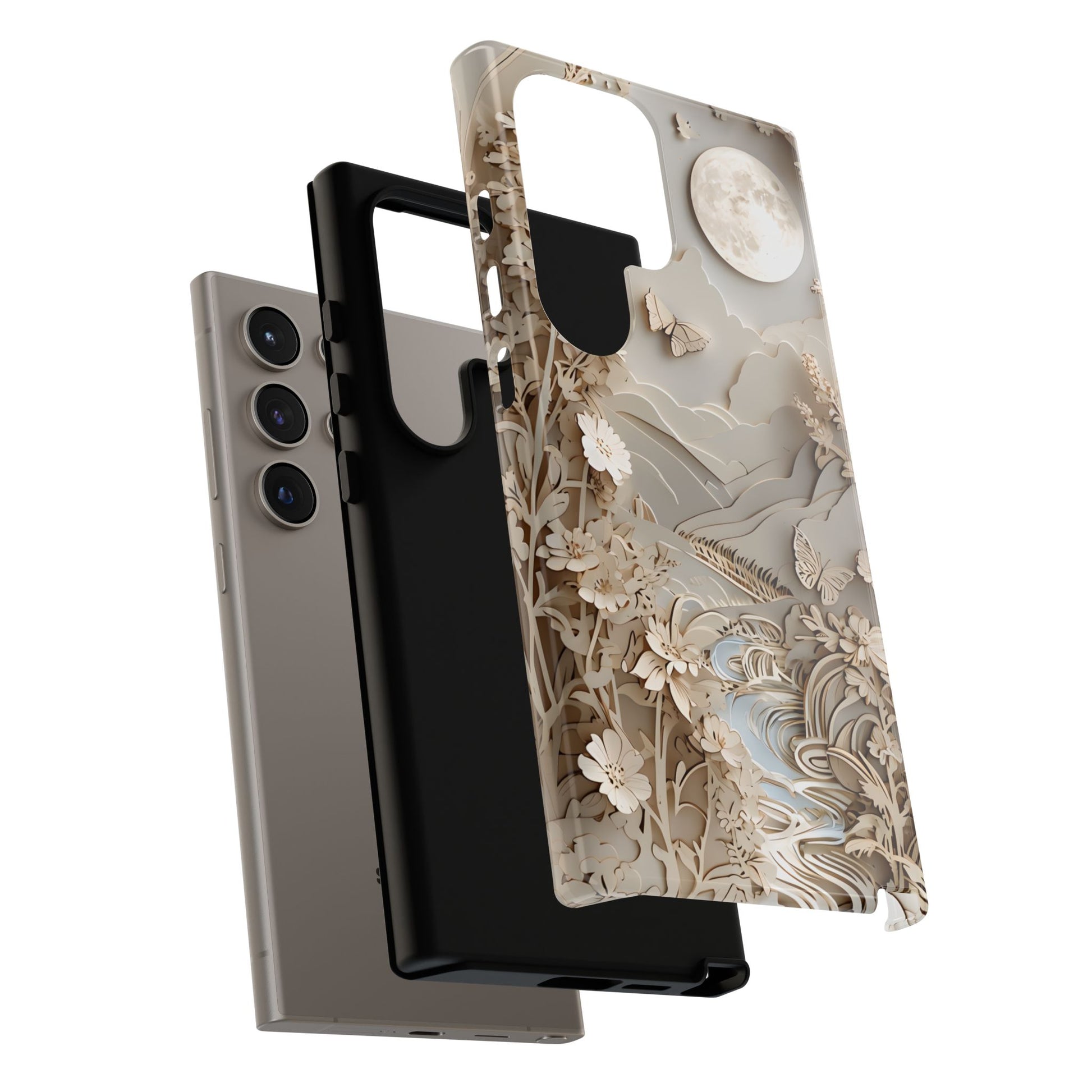 Moonlit Garden - Elegant Neutral Floral Samsung Galaxy S24 Ultra Tough Phone Case - Painterly Botanical & Moon Design