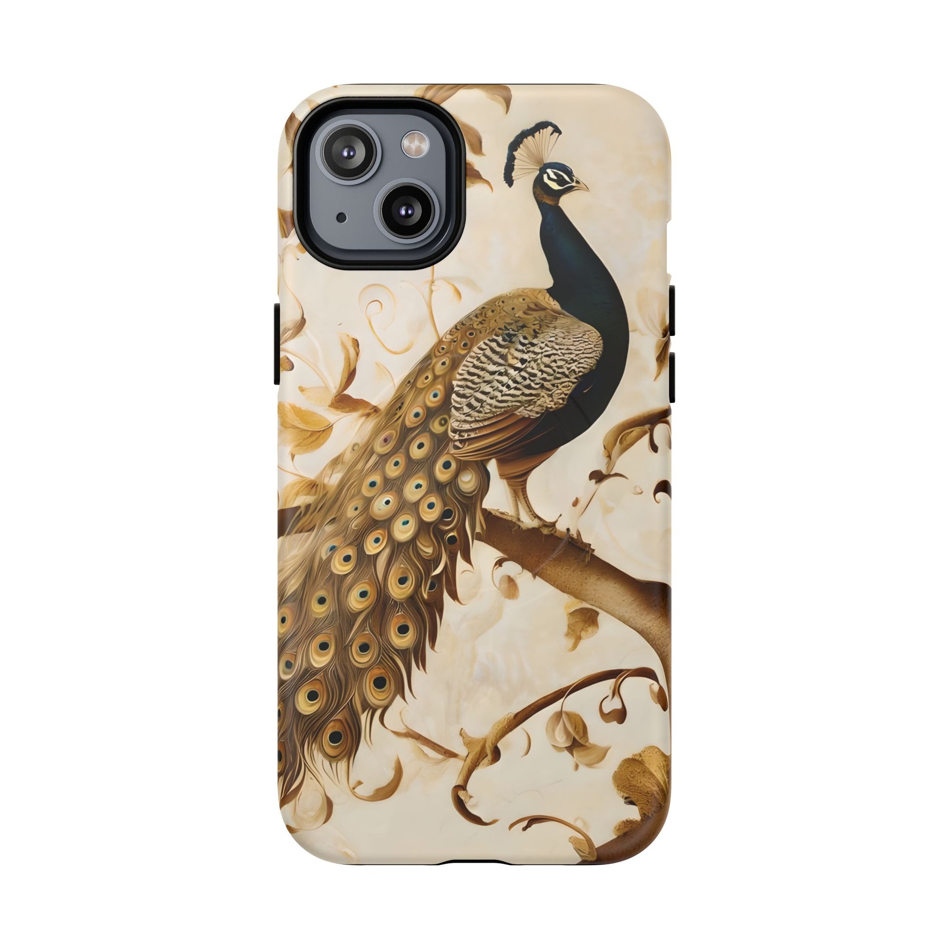 Golden Plumage - Luxe Peacock Art iPhone 14 Plus Phone Case - MagSafe Compatible - Elegant Gold & Cream Design