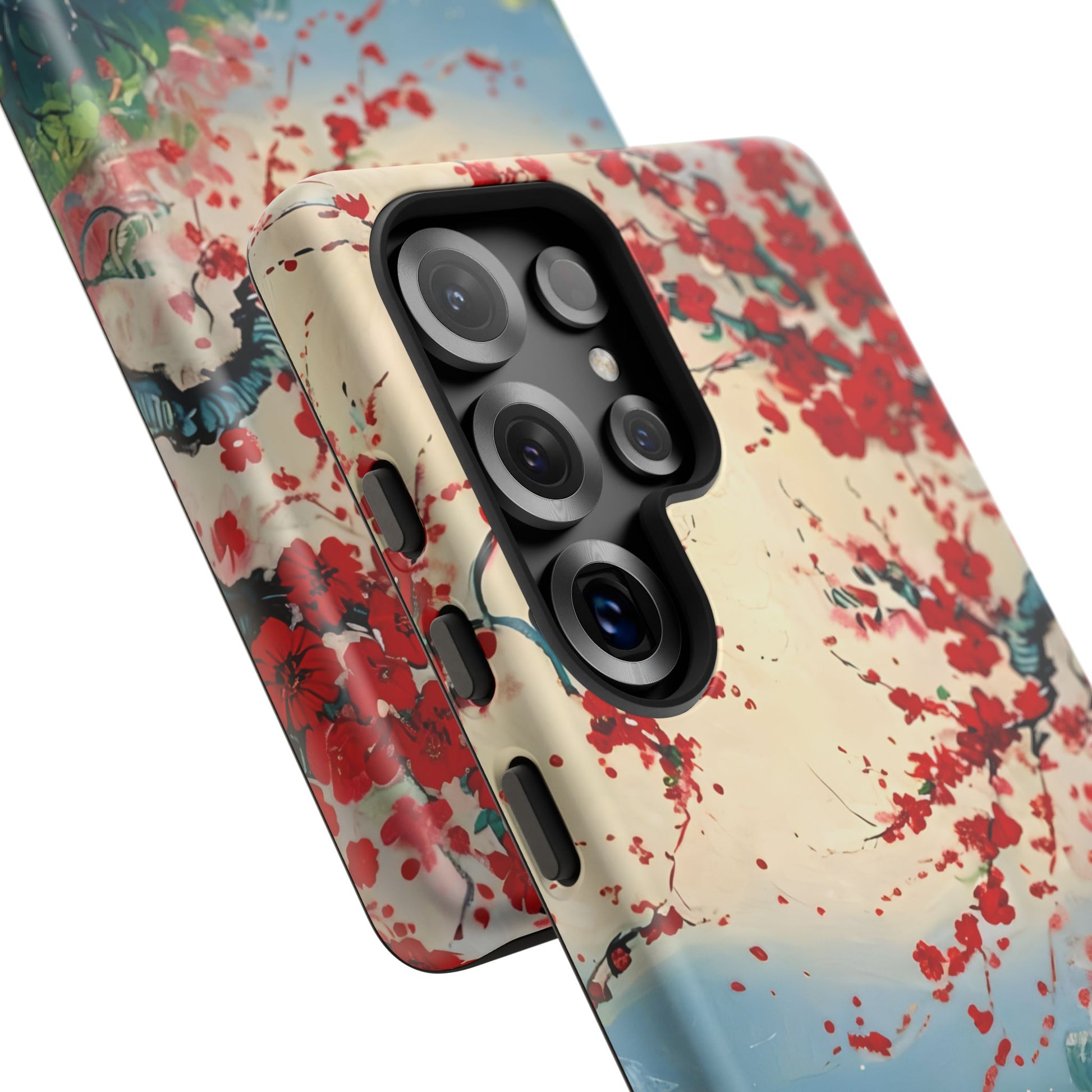 Crimson Blossom Lake - Artistic Floral Landscape Samsung Galaxy S25 Ultra Tough Phone Case - Red Cherry Blossoms & Serene Lake Design