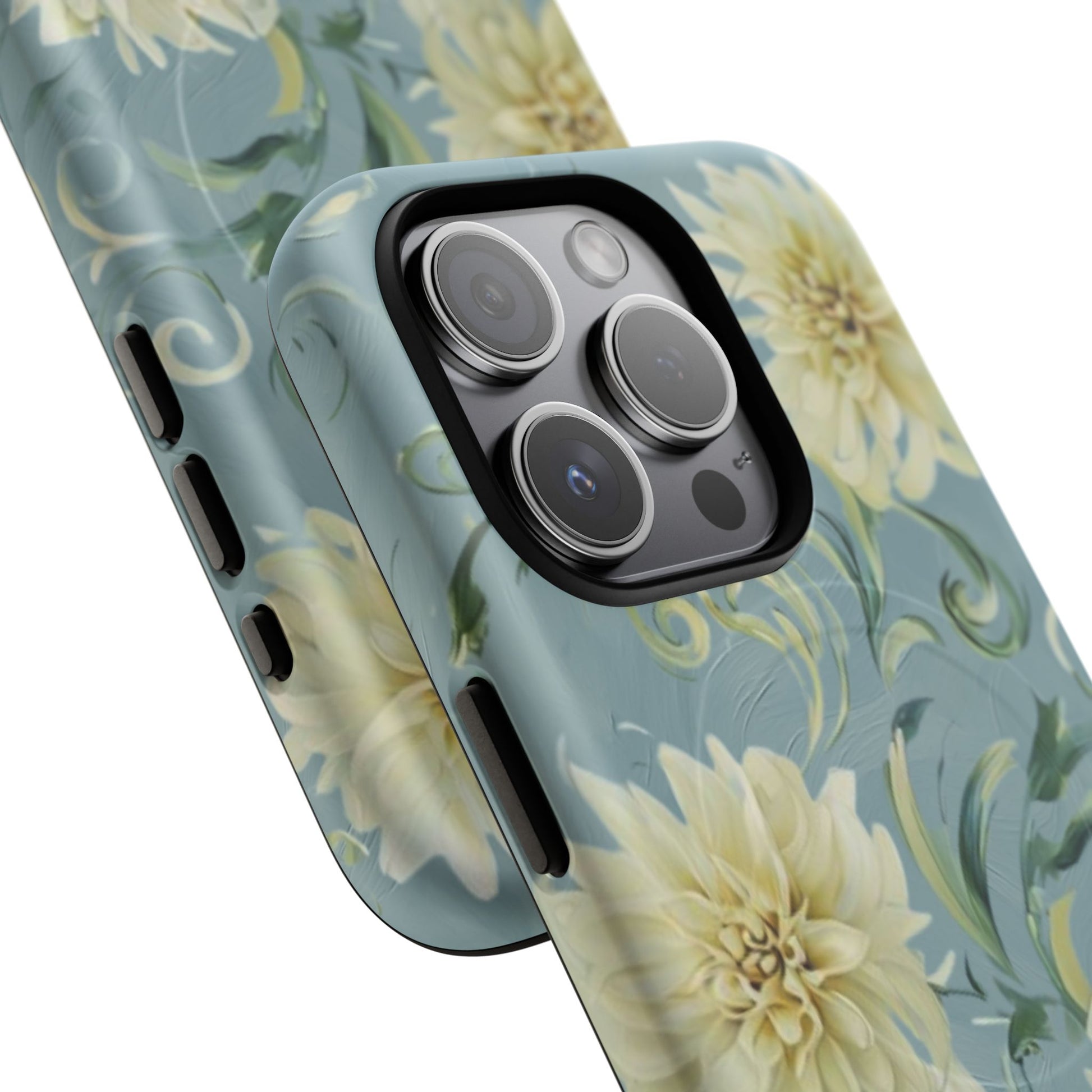 Golden Dahlia Trio - Elegant Floral iPhone 15 Pro MagSafe Phone Case - Artistic White & Blue Dahlia Design