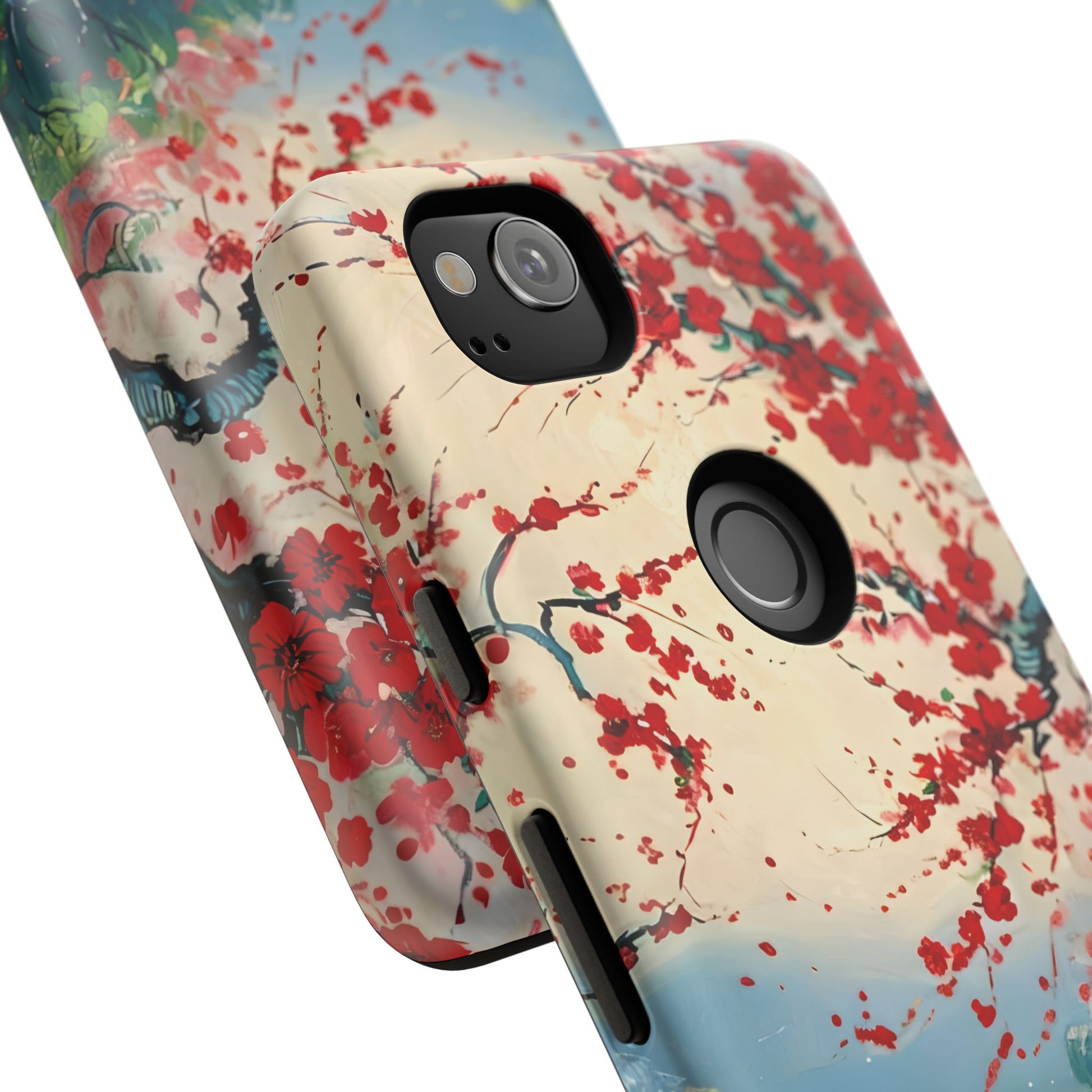 Crimson Blossom Lake - Artistic Floral Landscape Google Pixel 2 Tough Phone Case - Red Cherry Blossoms & Serene Lake Design