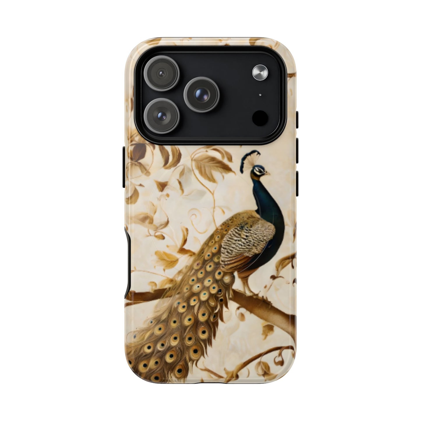 Golden Plumage gold peacock feather iPhone MagSafe case with large camera cutout