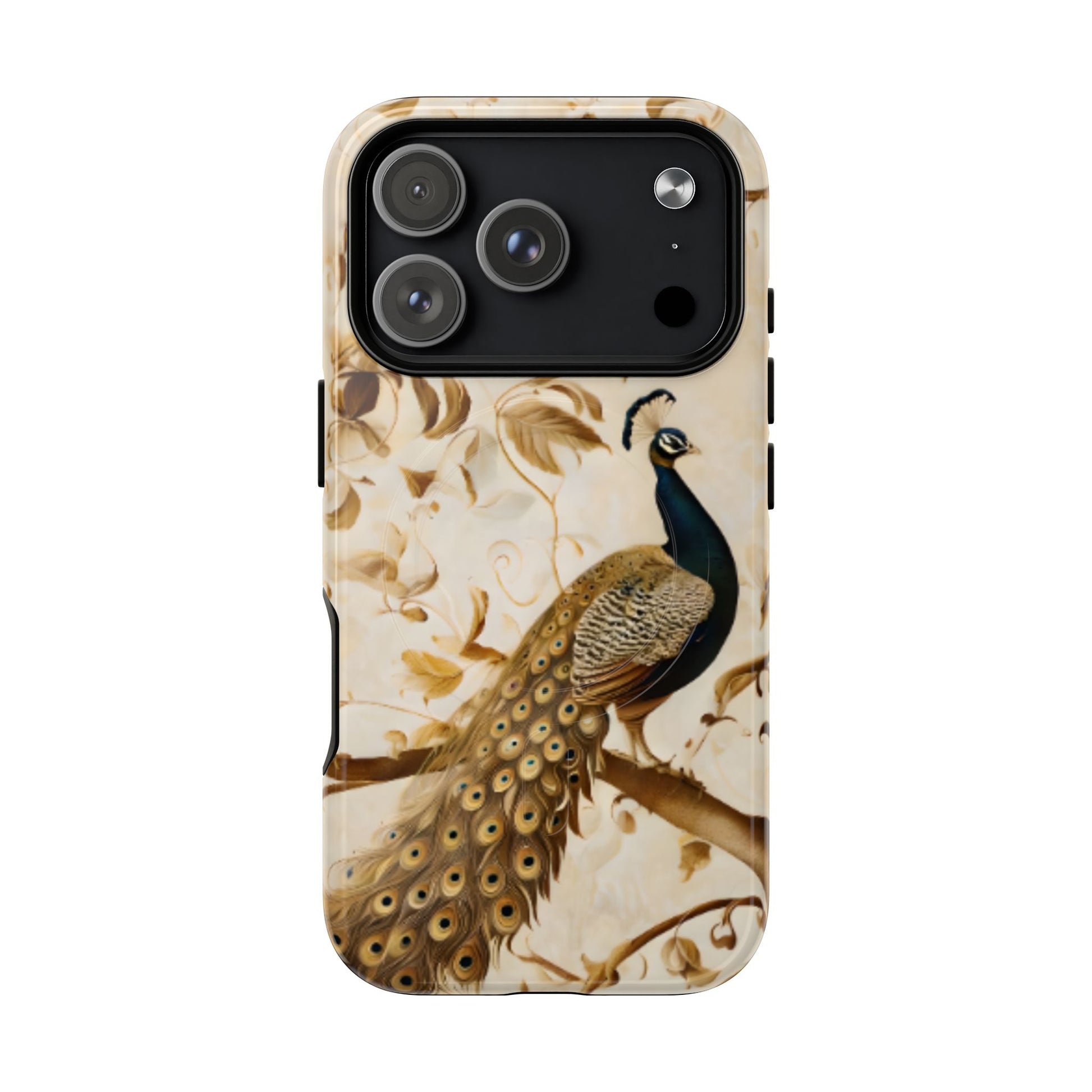 Golden Plumage gold peacock feather iPhone MagSafe case with large camera cutout