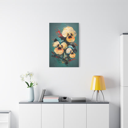 Golden Pansy Cascade floral wall art canvas displayed above a modern white console table.