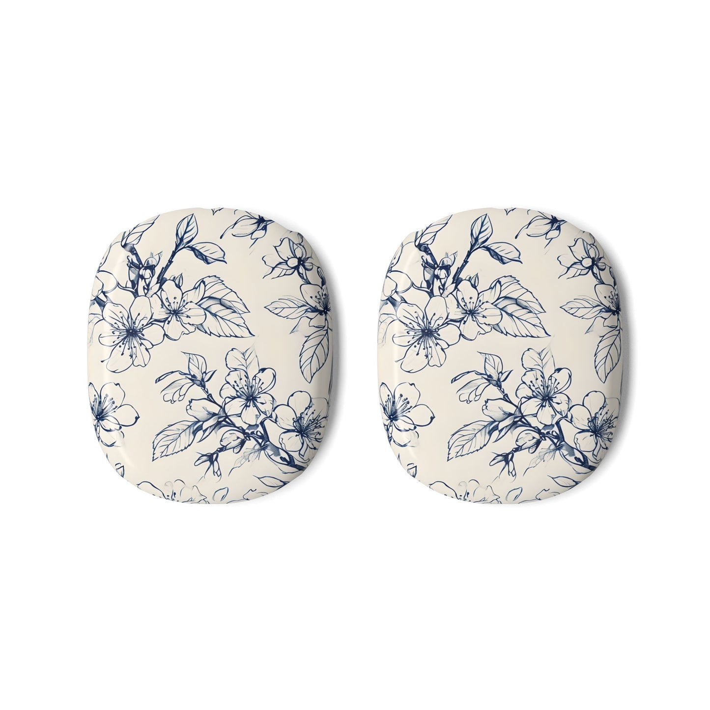 Blossom Sketch AirPods Max ear cup covers featuring delicate navy floral sketch pattern on soft ivory base, flat product view
