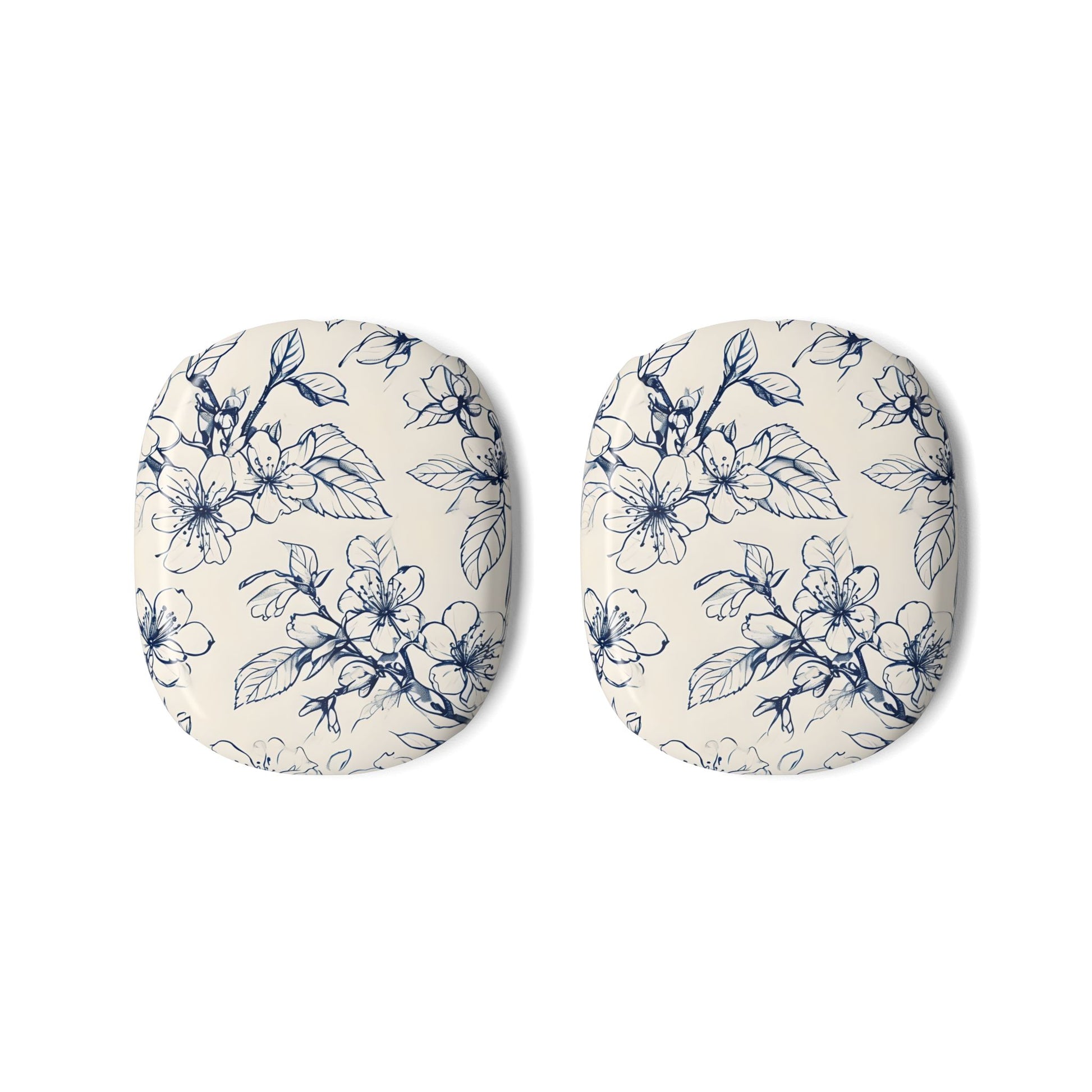 Blossom Sketch AirPods Max ear cup covers featuring delicate navy floral sketch pattern on soft ivory base, flat product view
