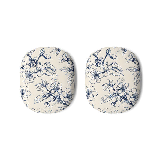 Blossom Sketch AirPods Max ear cup covers featuring delicate navy floral sketch pattern on soft ivory base, flat product view