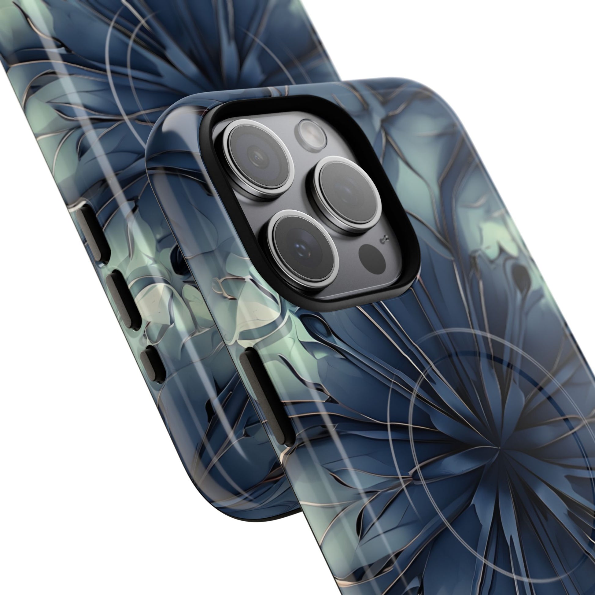 Indigo Mosaic - Artistic Kaleidoscope Collection Artistic Floral - iPhone 15 Pro Max MagSafe Phone Case -Bold Blue Symmetrical Design