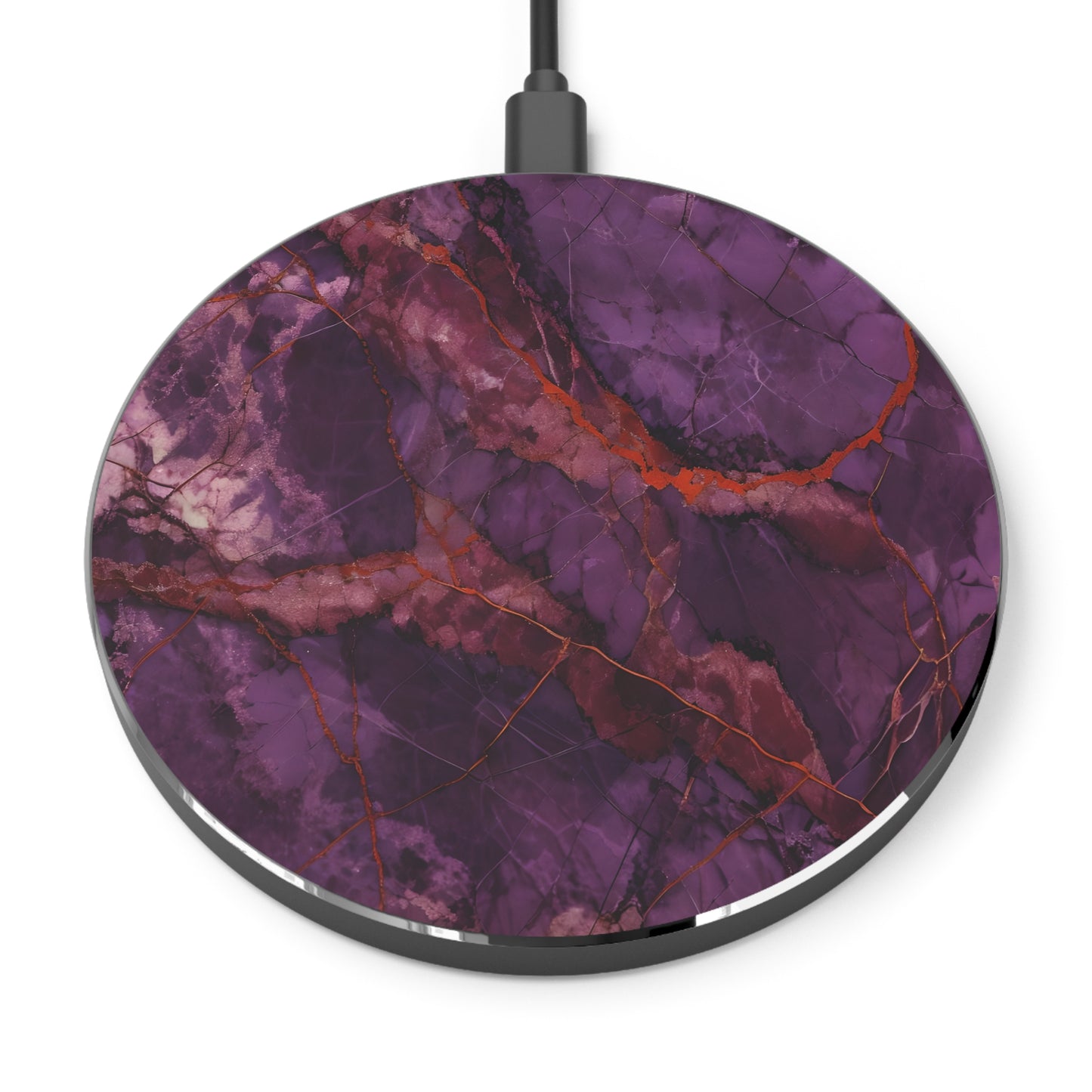 Amethyst Current Qi Wireless Charger - 10W Fast Charging Pad for iPhone 15/16 - MagSafe Compatible Purple and Red Marble with Gold Veins