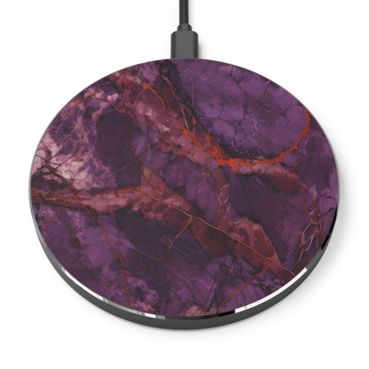 Amethyst Current Qi Wireless Charger - 10W Fast Charging Pad for iPhone 15/16 - MagSafe Compatible Purple and Red Marble with Gold Veins