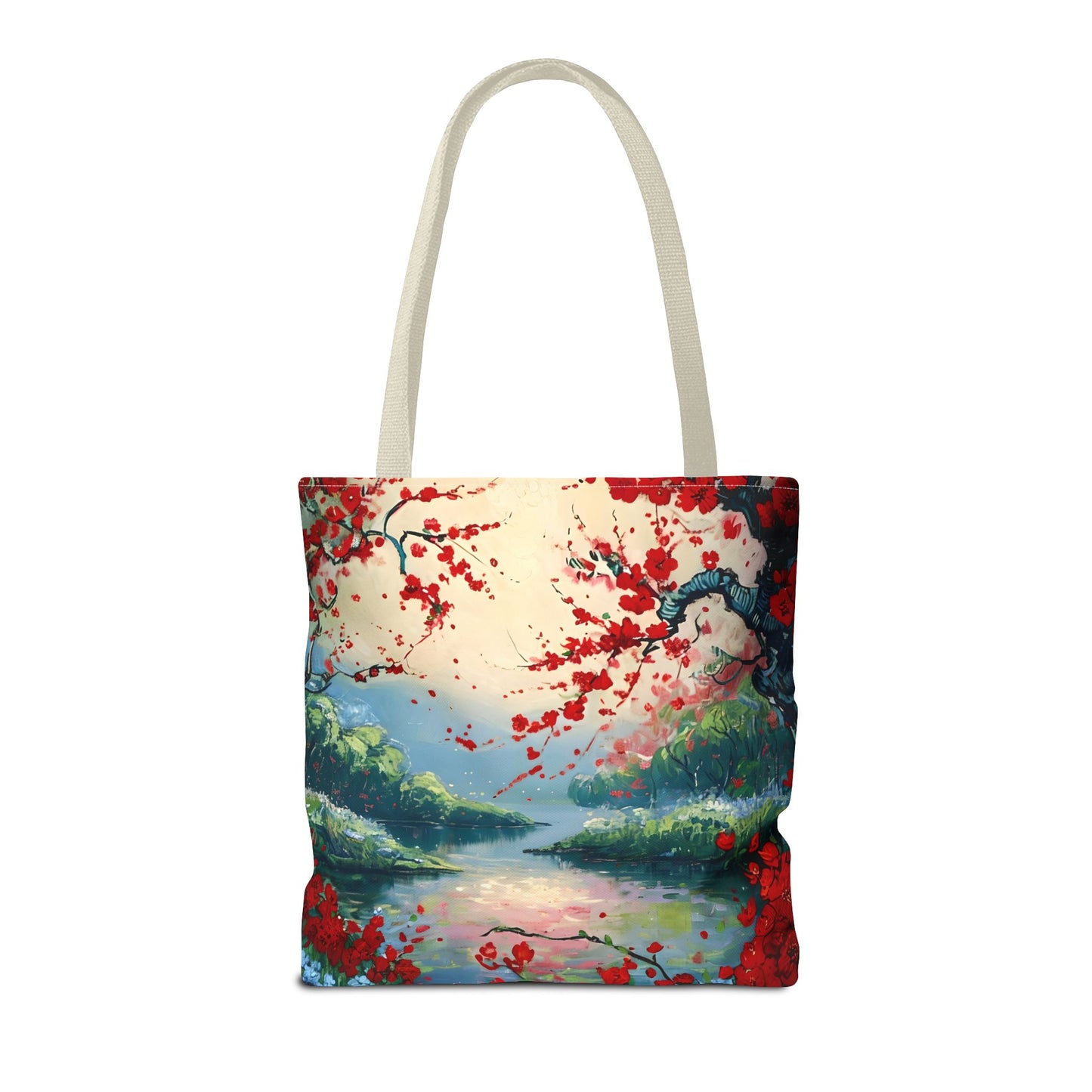 Crimson Blossom Lake Tote (16x16 & 18x18)- Serene Cherry Tree Landscape on Canvas, Reusable & Eco-Friendly