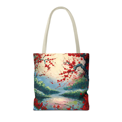 Crimson Blossom Lake Tote (16x16 & 18x18)- Serene Cherry Tree Landscape on Canvas, Reusable & Eco-Friendly