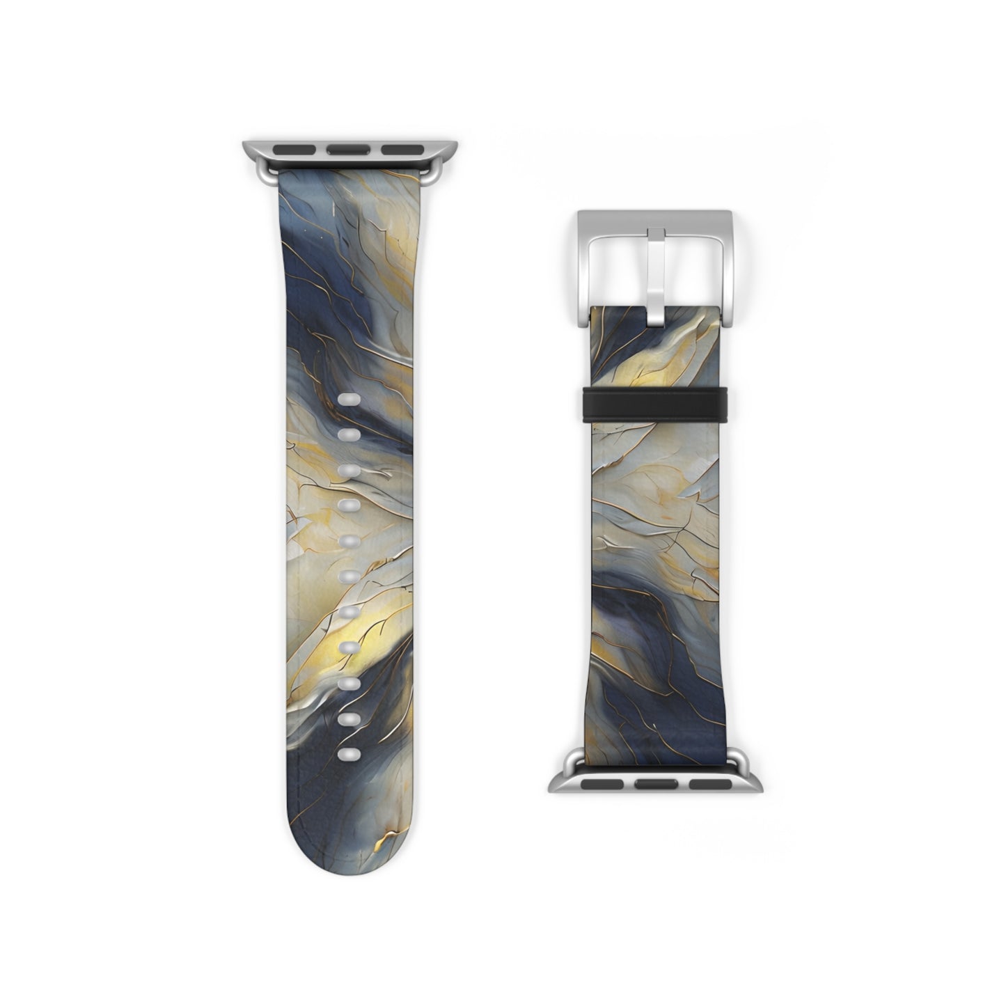 Luminous Petal Apple Watch band strap with silver clasp showing elegant abstract floral pattern with gold highlights