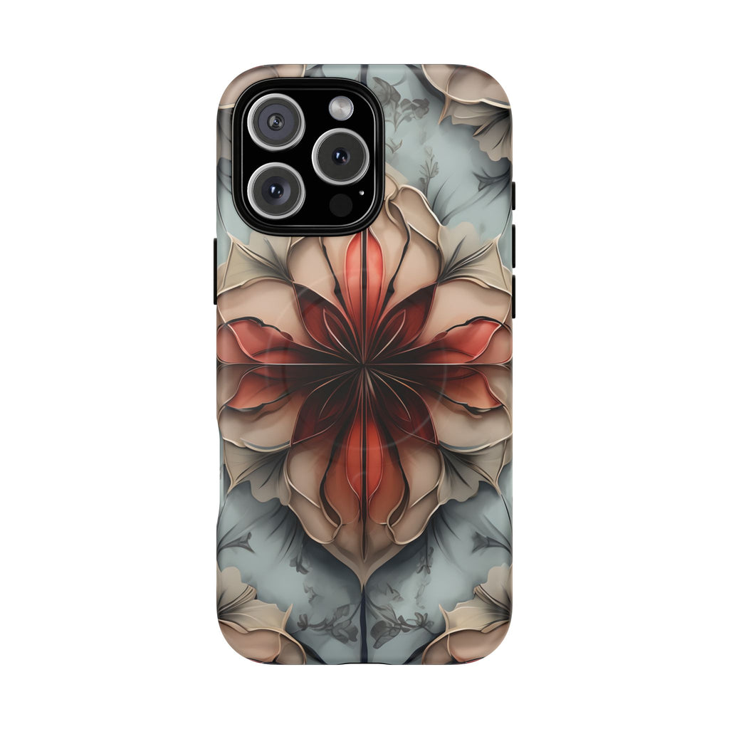 Ember Bloom - Kaleidoscope Collection Artistic Floral iPhone 16 Pro Max MagSafe Phone Case - Fiery Symmetrical Design