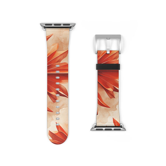 Sunset Fleur Apple Watch band strap with silver clasp showing vibrant orange floral pattern on light background