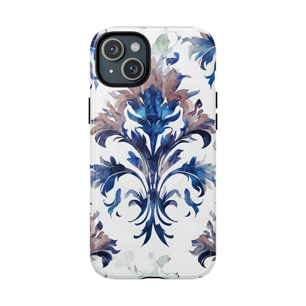 Delft Reverie - Elegant Blue & White iPhone 15 Plus MagSafe Phone Case - Dutch Delftware-Inspired Floral Design