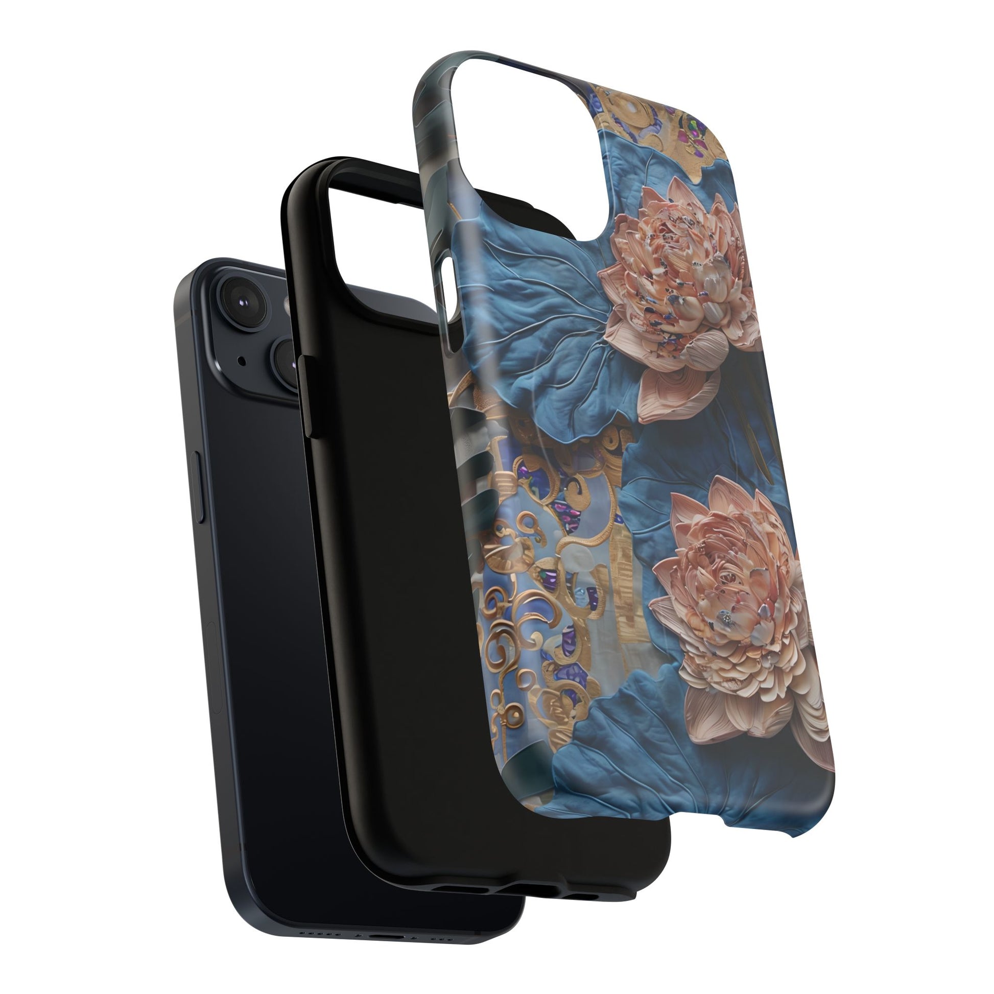 Peony Midnight Tapestry - iPhone 14 - MagSafe Compatible - Elegant Blue & Blush Artful Phone Cover