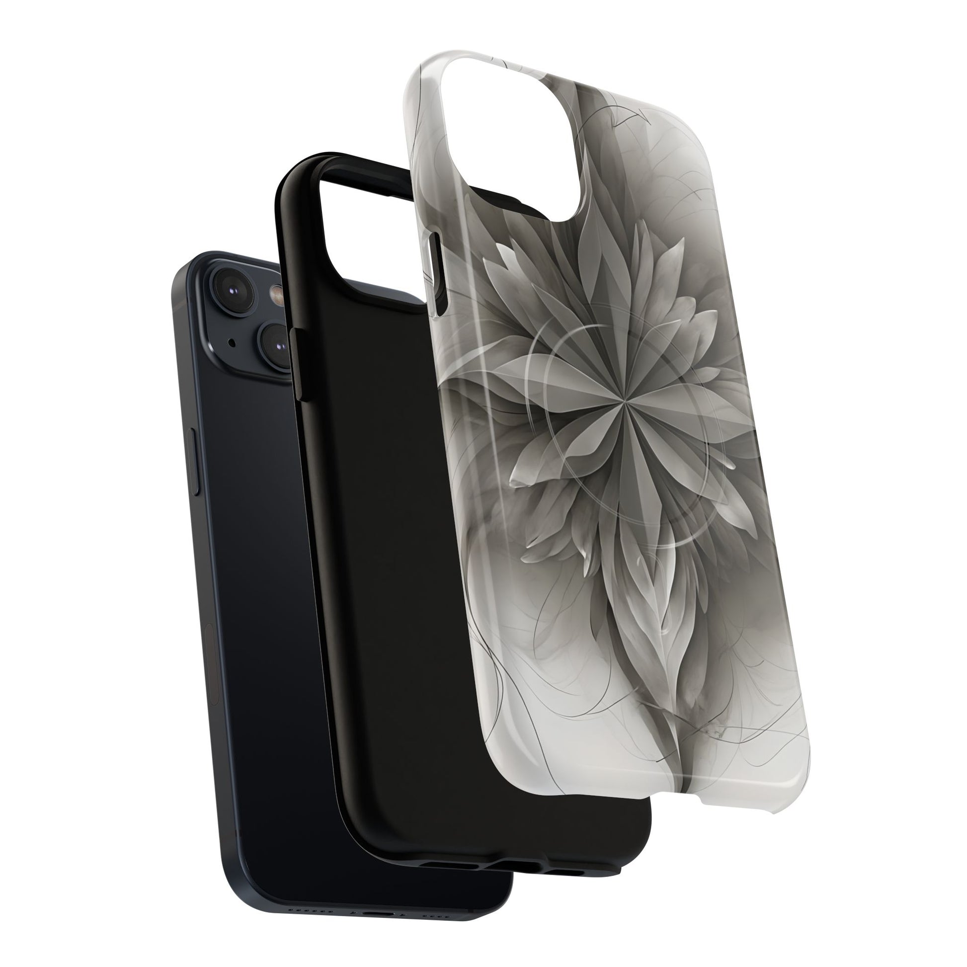 Silver Lotus - Elegant Monochrome Floral iPhone 14 Plus MagSafe Phone Case - Modern Lotus Design
