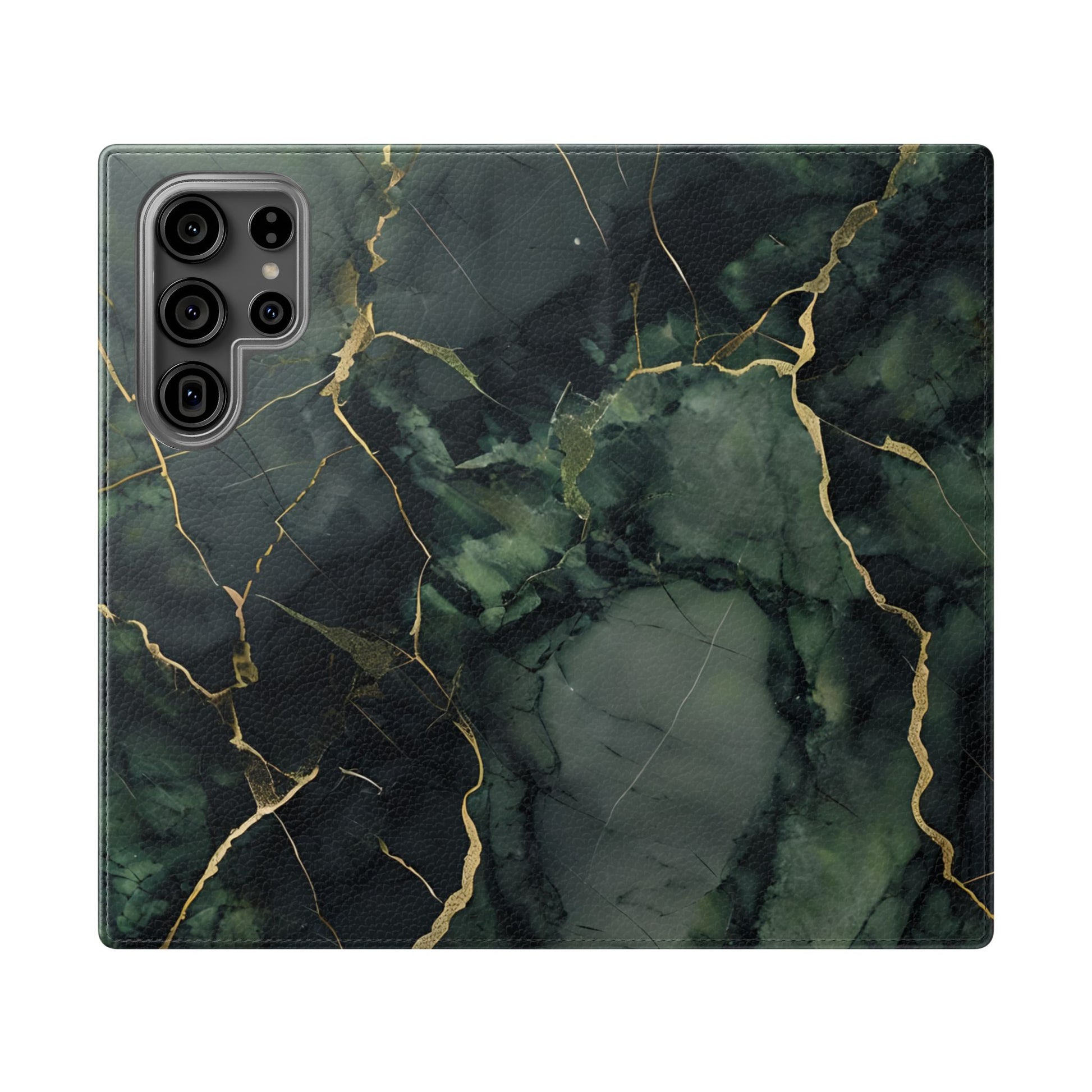 Verdant Vein Samsung Galaxy wallet flip phone case with emerald, green marble pattern and gold veining