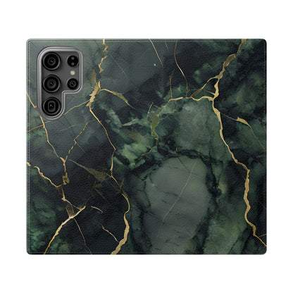 Verdant Vein Samsung Galaxy wallet flip phone case with emerald, green marble pattern and gold veining