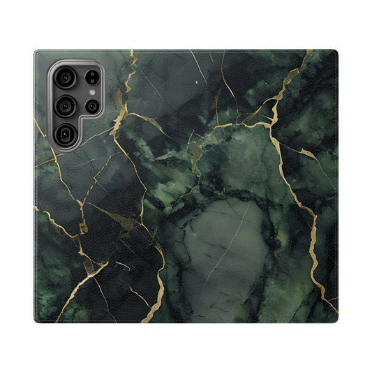 Verdant Vein Samsung Galaxy wallet flip phone case with emerald, green marble pattern and gold veining