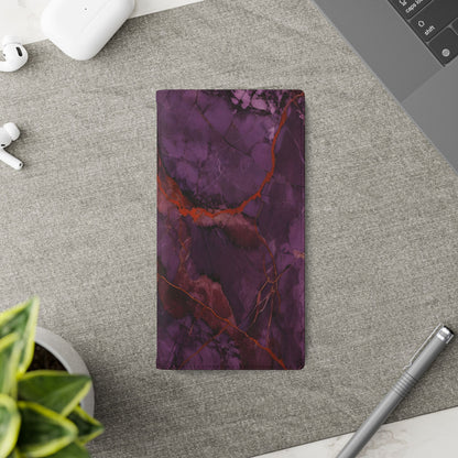 Amethyst Current Samsung Galaxy wallet flip phone case on a desk beside stationery featuring purple marble design and folio card holder