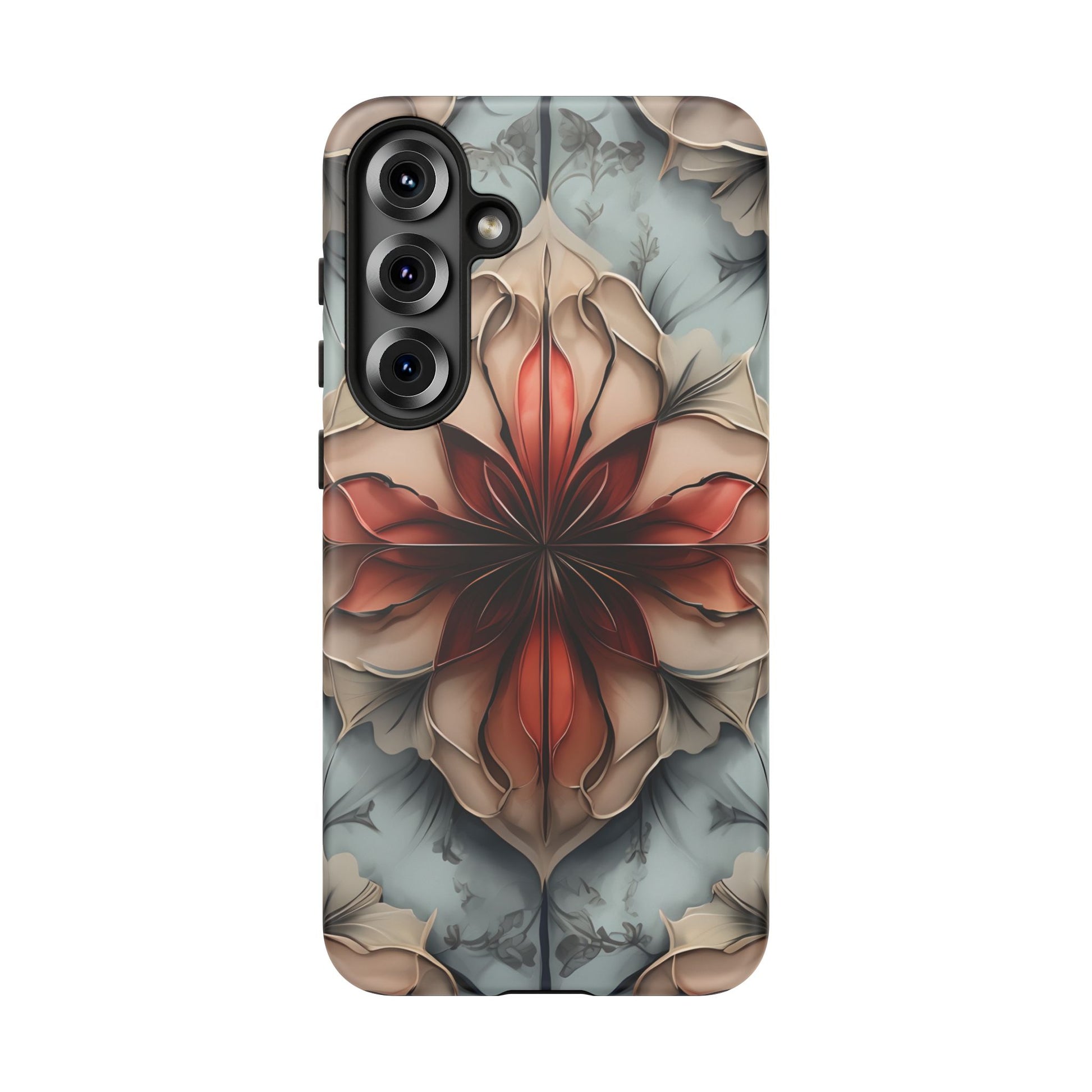 Ember Bloom - Kaleidoscope Collection Artistic Floral - Samsung Galaxy S25 Plus Tough Phone Case - Fiery Symmetrical Design