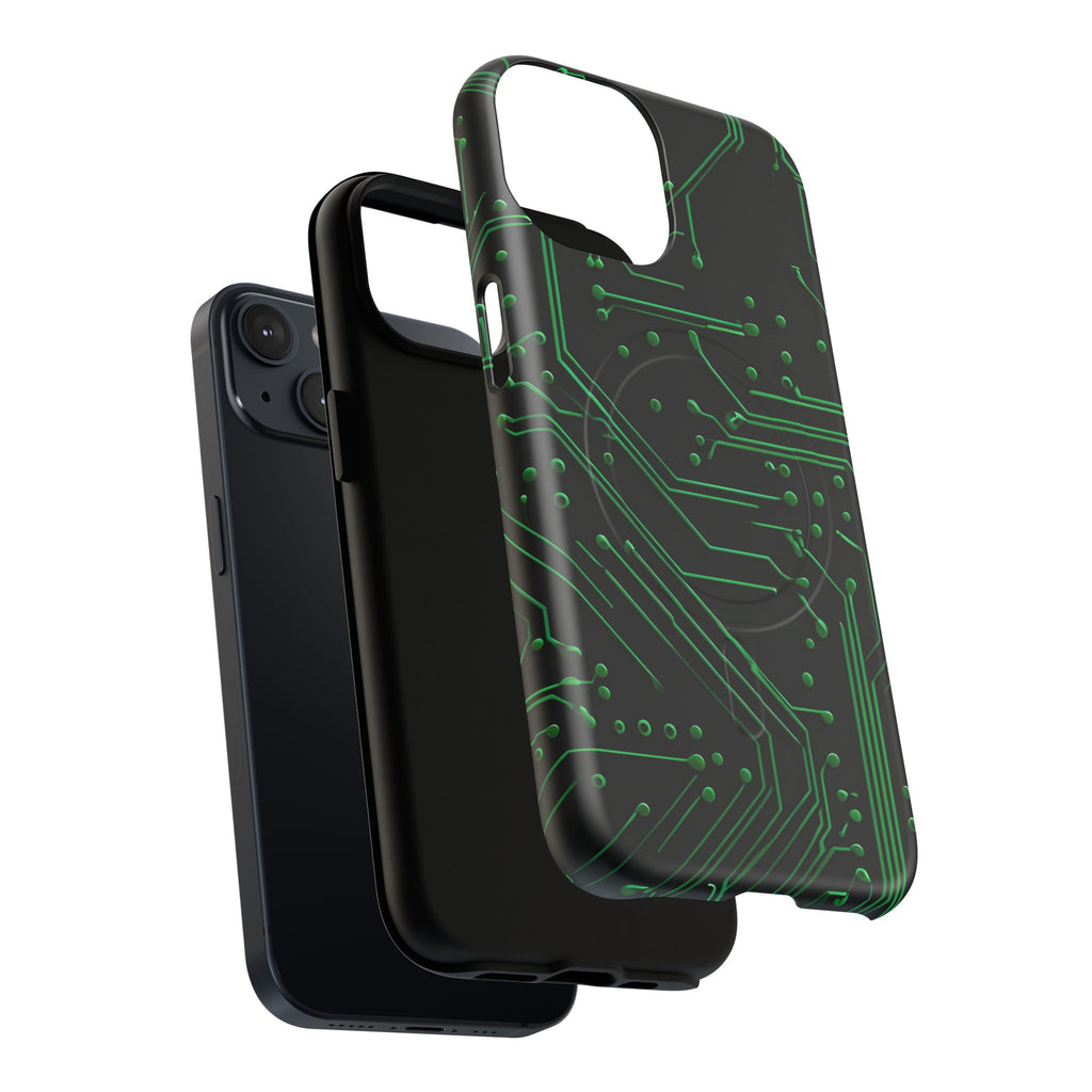 Green Circuit Grid iPhone 14 MagSafe Compatible case- Tech-Inspired Shockproof Cover