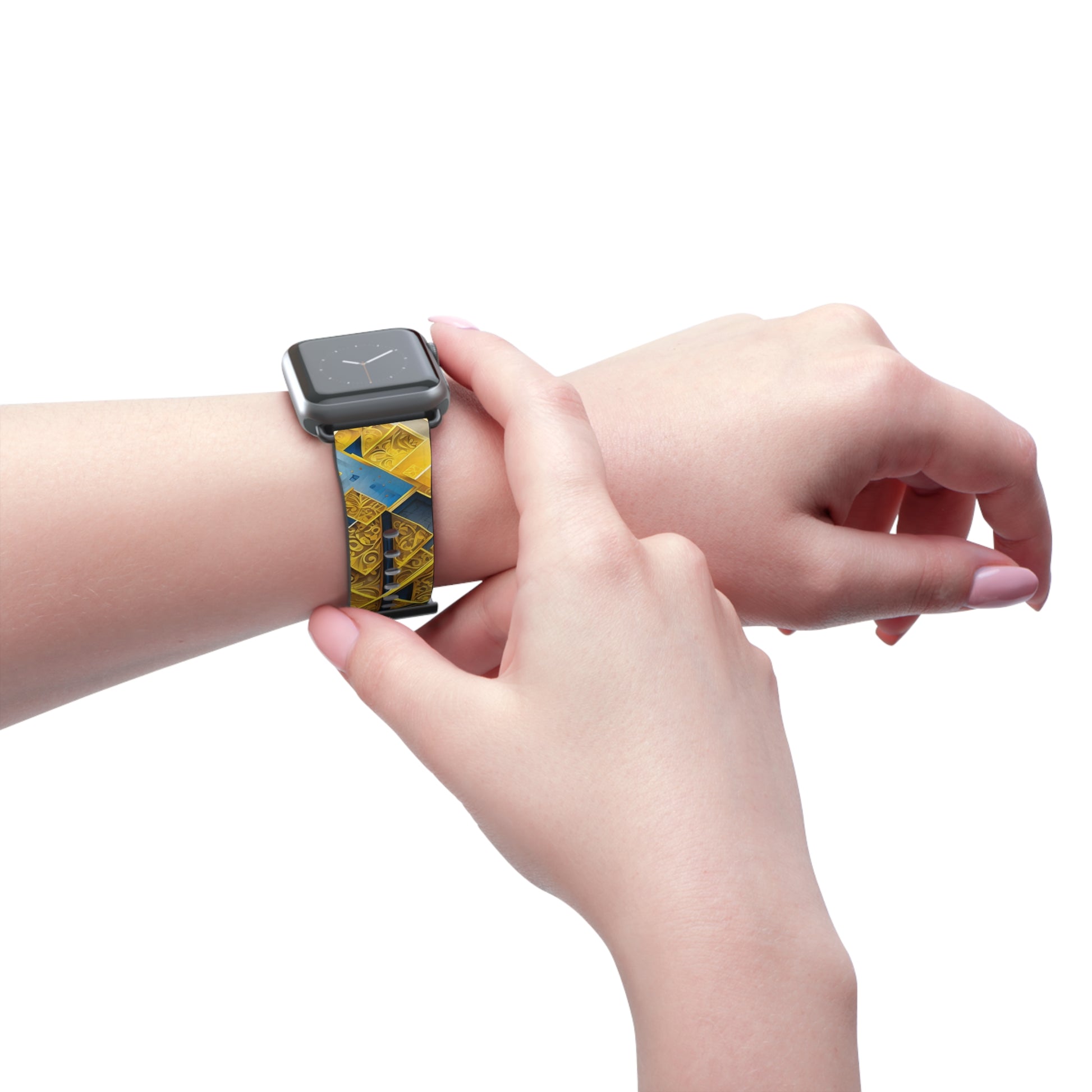 Golden Ascent Apple Watch band worn on wrist featuring bold gold and blue geometric mountain design