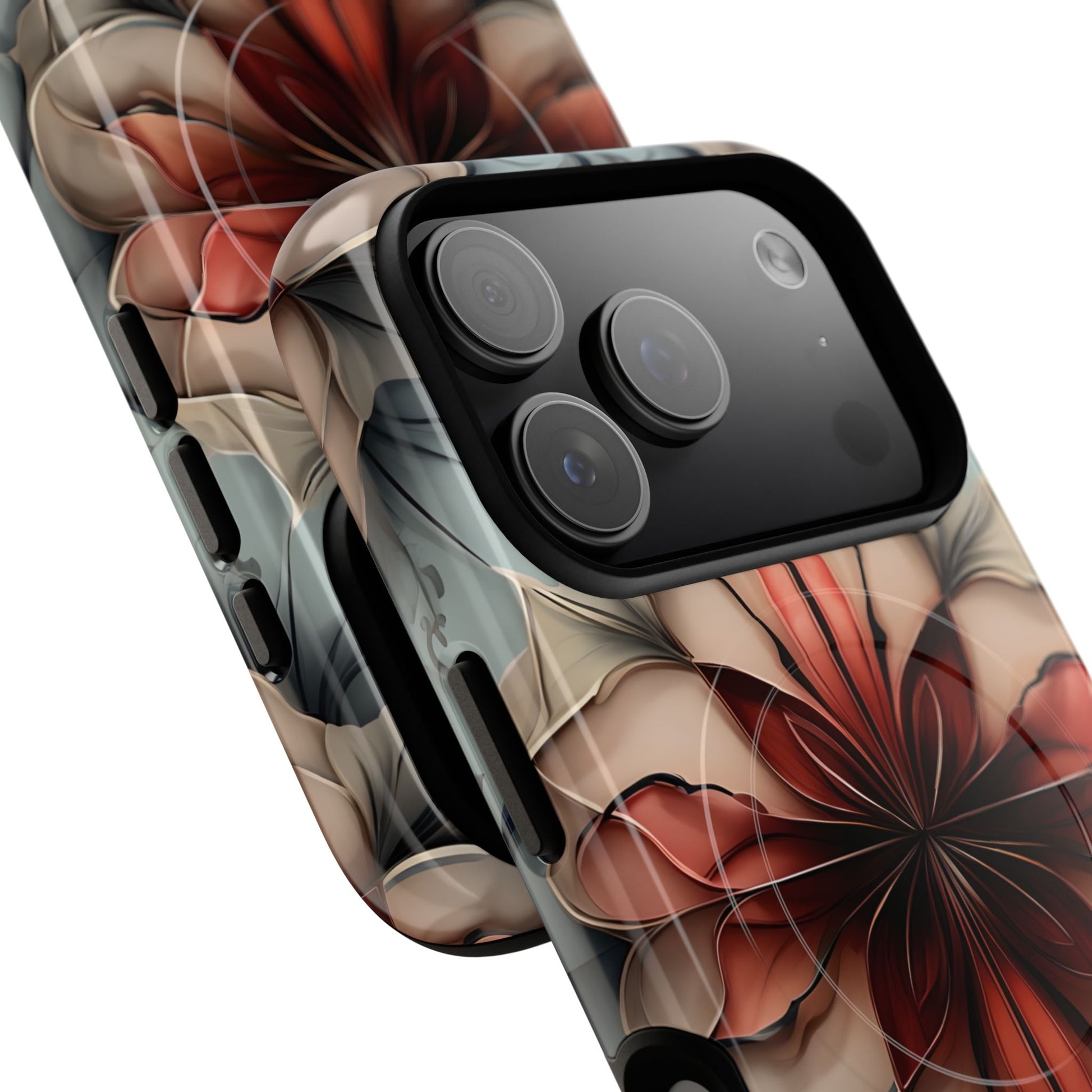 Angled view of Ember Bloom warm red floral iPhone MagSafe protective case with large camera cutout