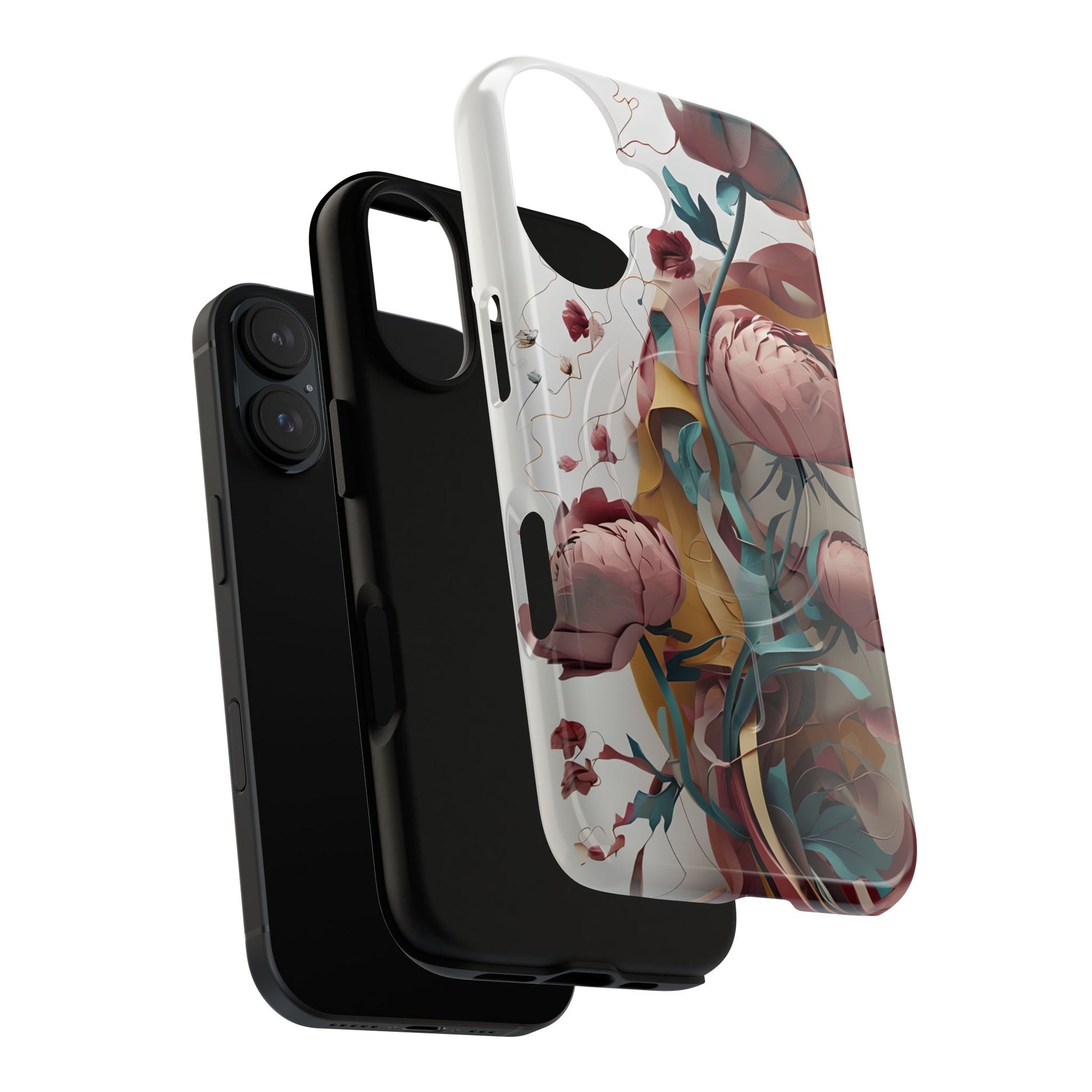 Blushing Peony Veil - Elegant Painterly Floral iPhone 16 MagSafe Phone Case - Soft Blush & Teal Peony Design