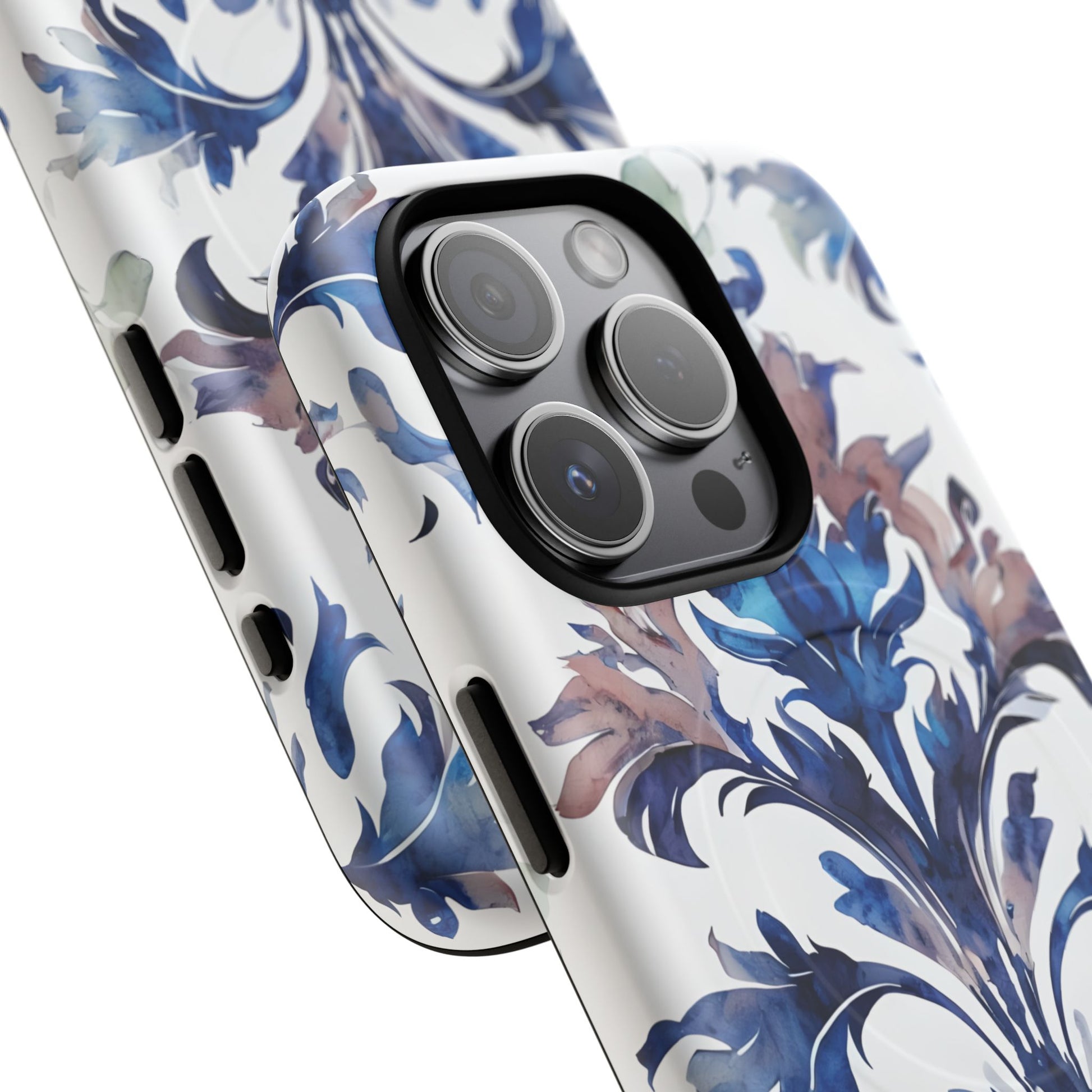 Delft Reverie - Elegant Blue & White iPhone 15 Pro MagSafe Phone Case - Dutch Delftware-Inspired Floral Design