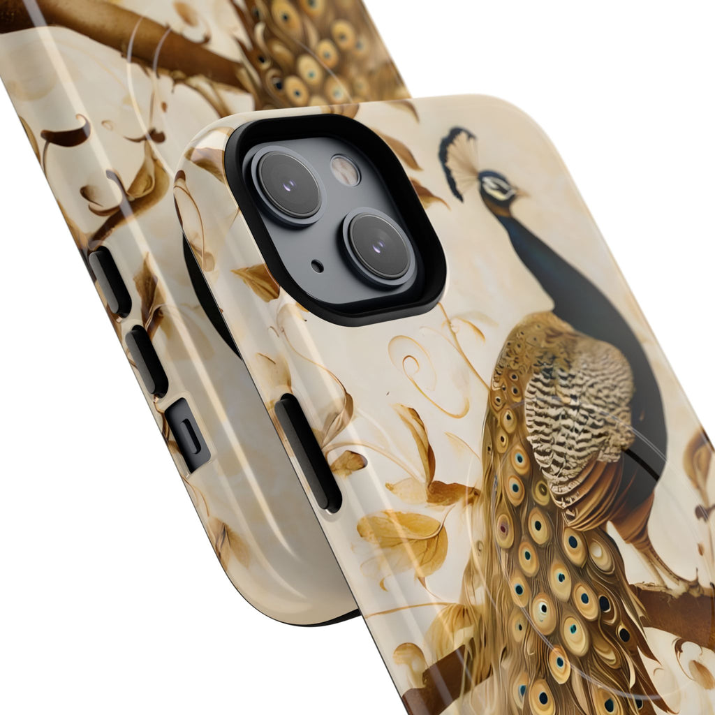 Golden Plumage - Luxe Peacock Art iPhone 14 Plus Phone Case - MagSafe Compatible - Elegant Gold & Cream Design