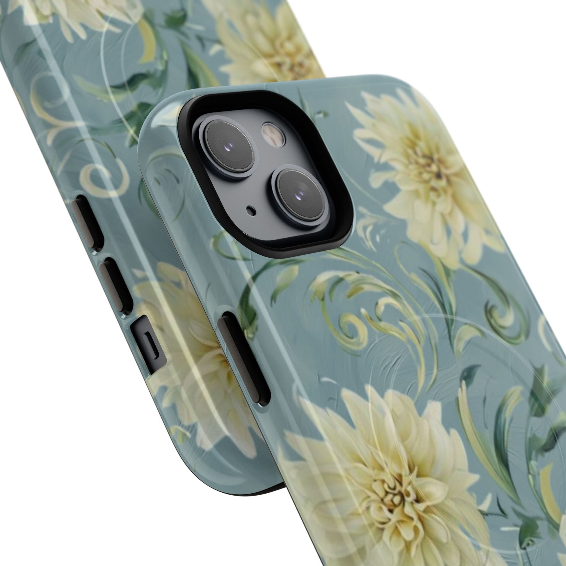 Golden Dahlia Trio - Elegant Floral iPhone 14 Plus MagSafe Phone Case - Artistic White & Blue Dahlia Design