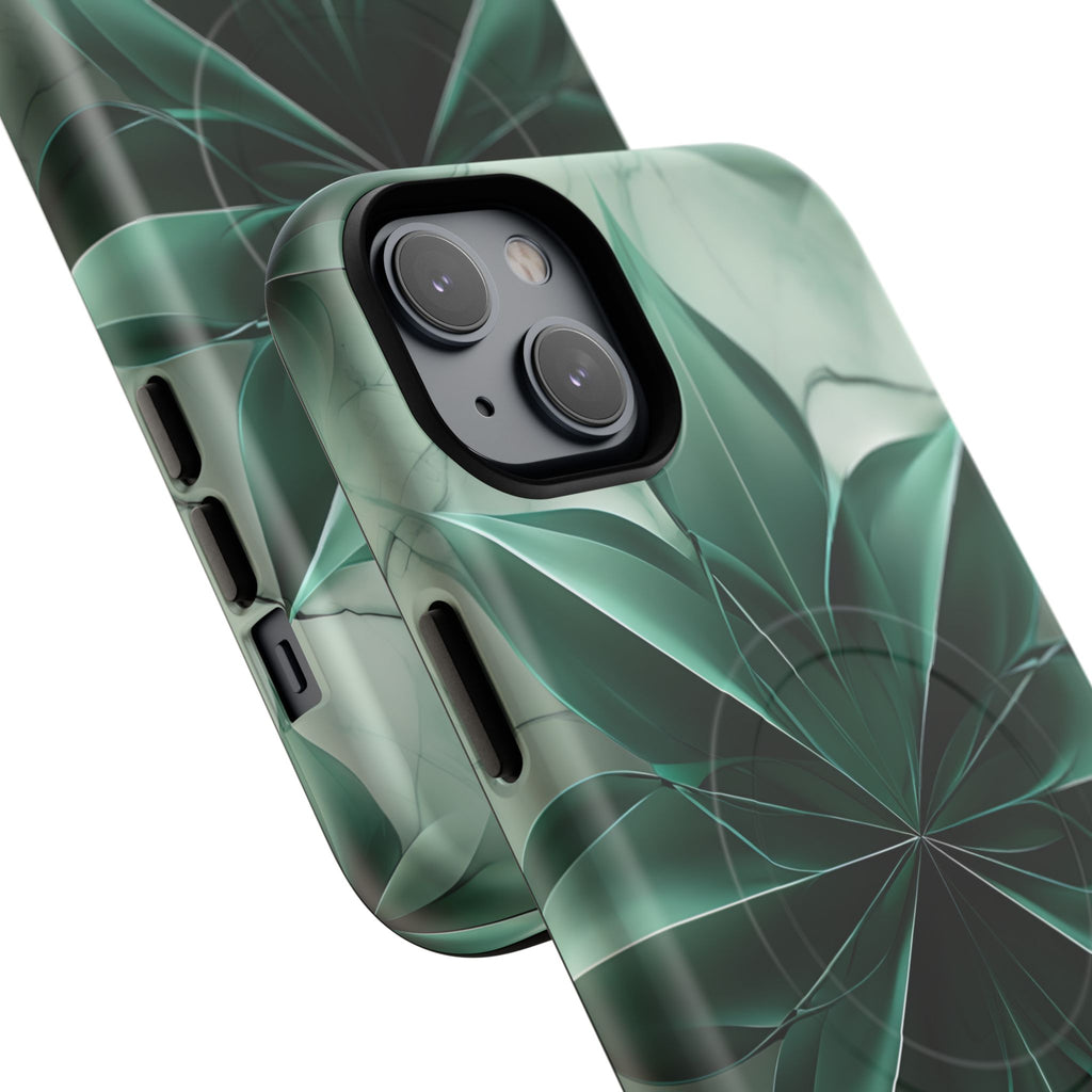 Emerald Bloom iPhone 14 Plus MagSafe Phone Case -Modern Symmetrical Floral Design, Green