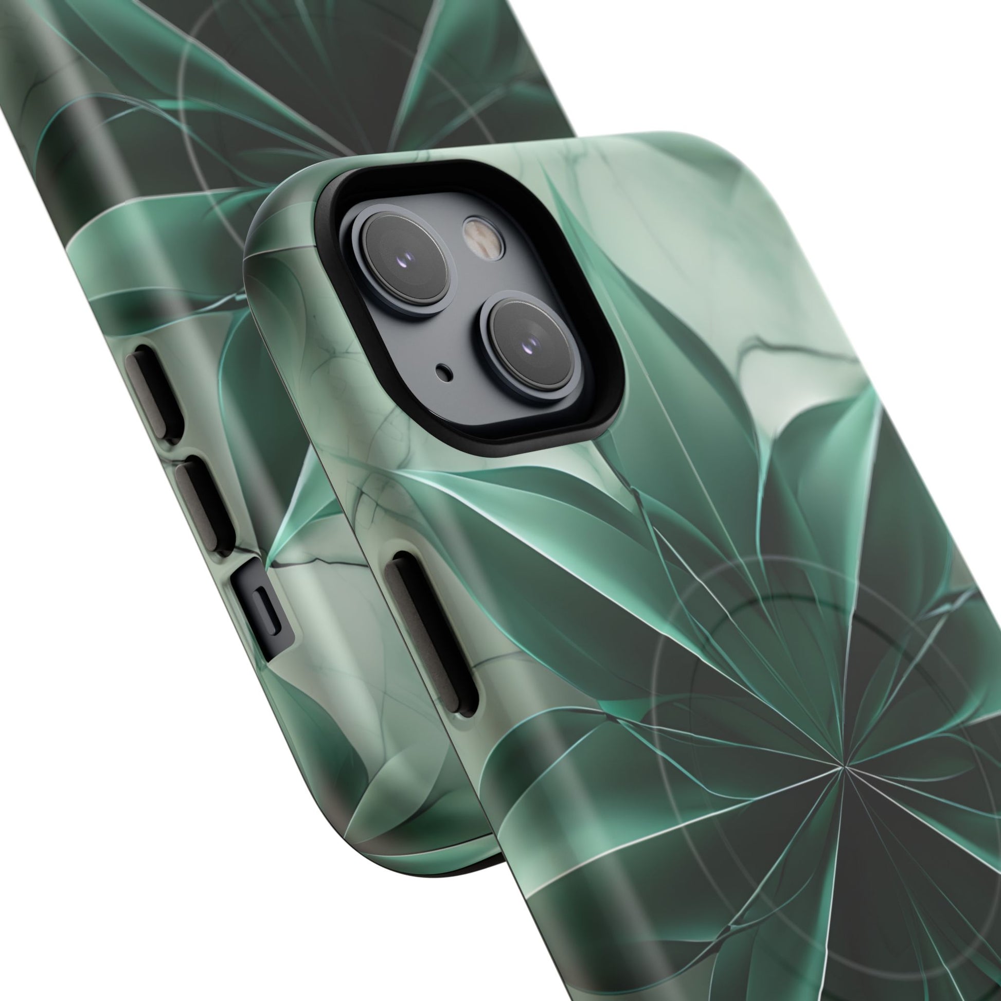 Emerald Bloom iPhone 14 Plus MagSafe Phone Case -Modern Symmetrical Floral Design, Green