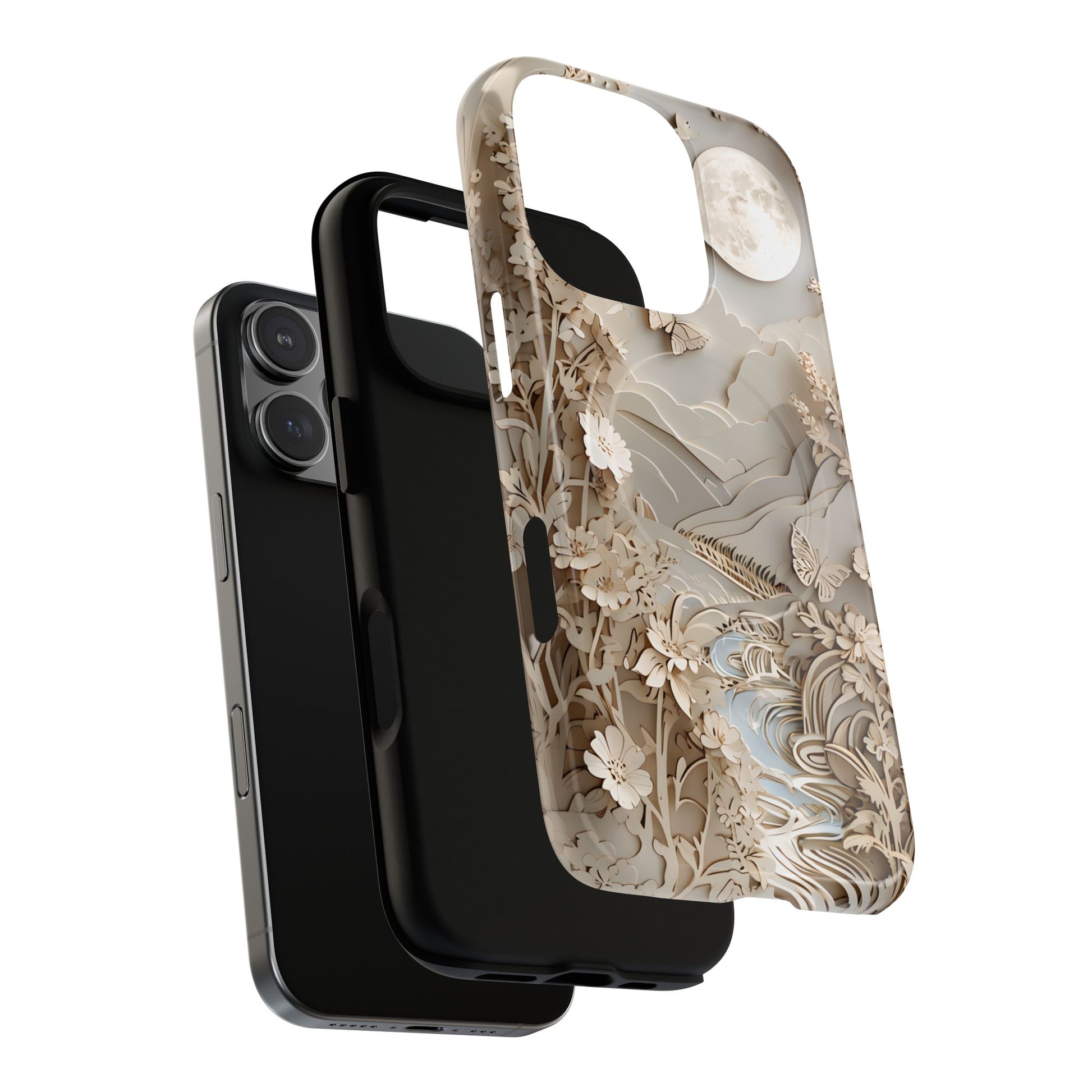 Moonlit Garden - Elegant Neutral Floral iPhone 16 Pro MagSafe Phone Case - Painterly Botanical & Moon Design