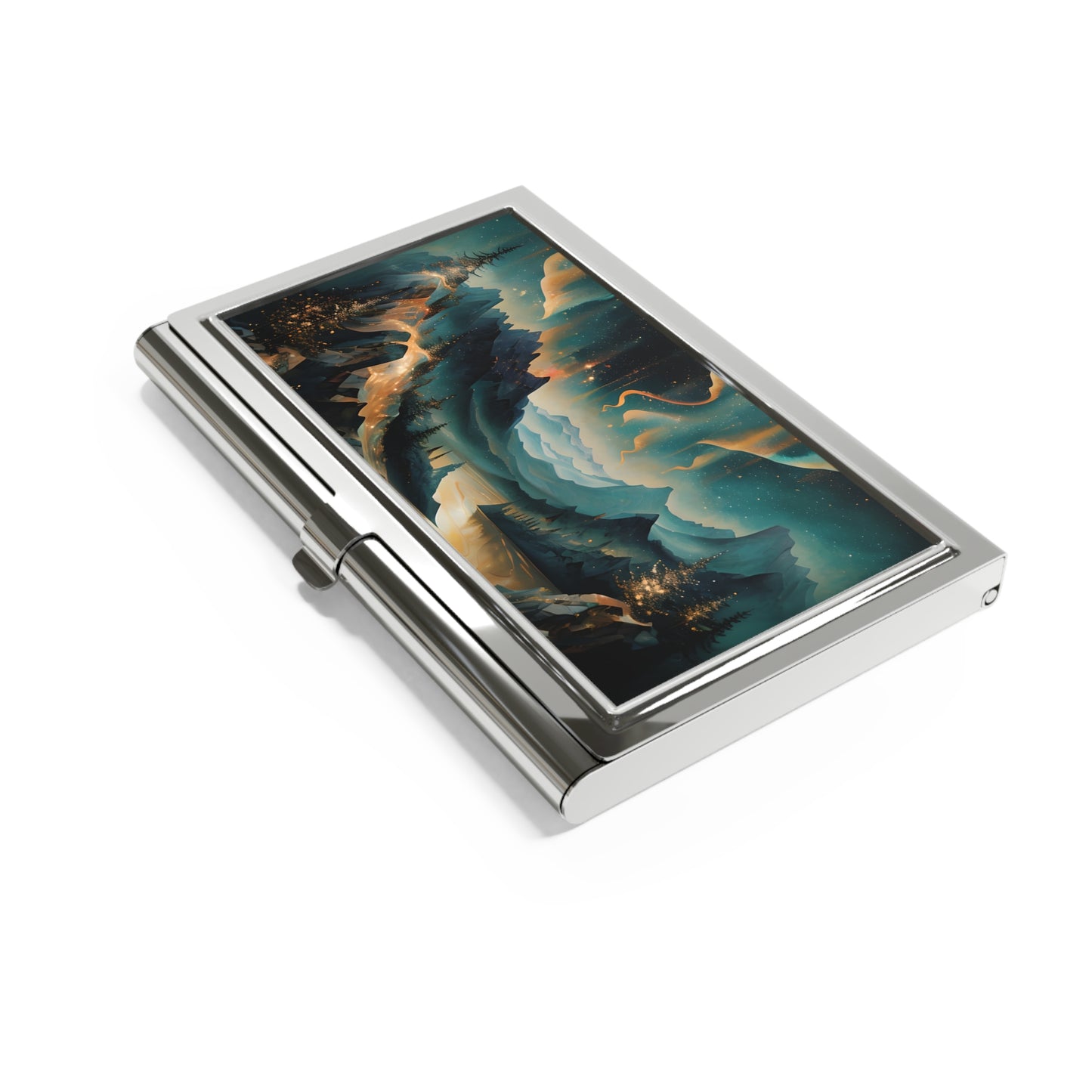 Aurora Dreamscape aurora borealis mountain landscape business card holder closed angled view