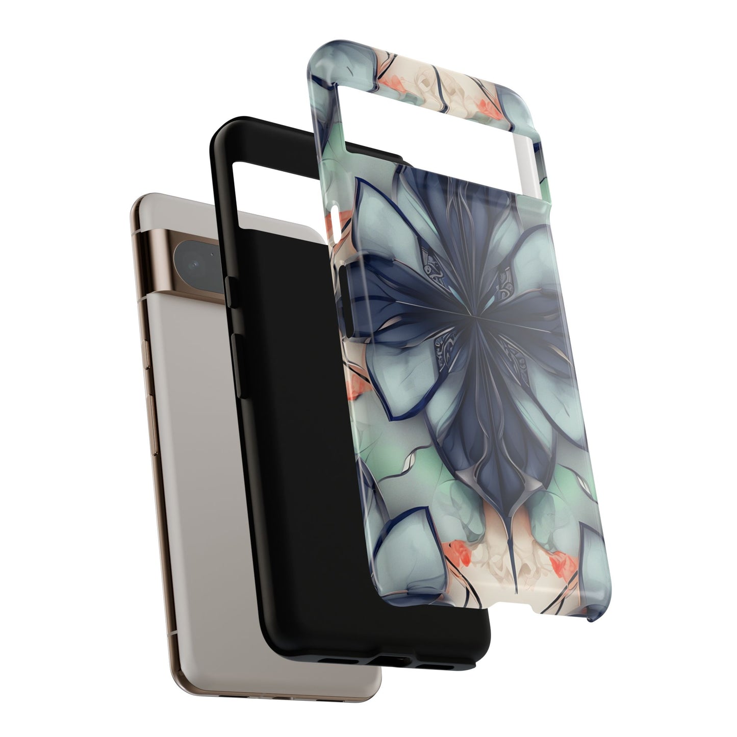 Midnight Mosaic shockproof dual layer Google Pixel phone case with blue geometric floral mosaic design