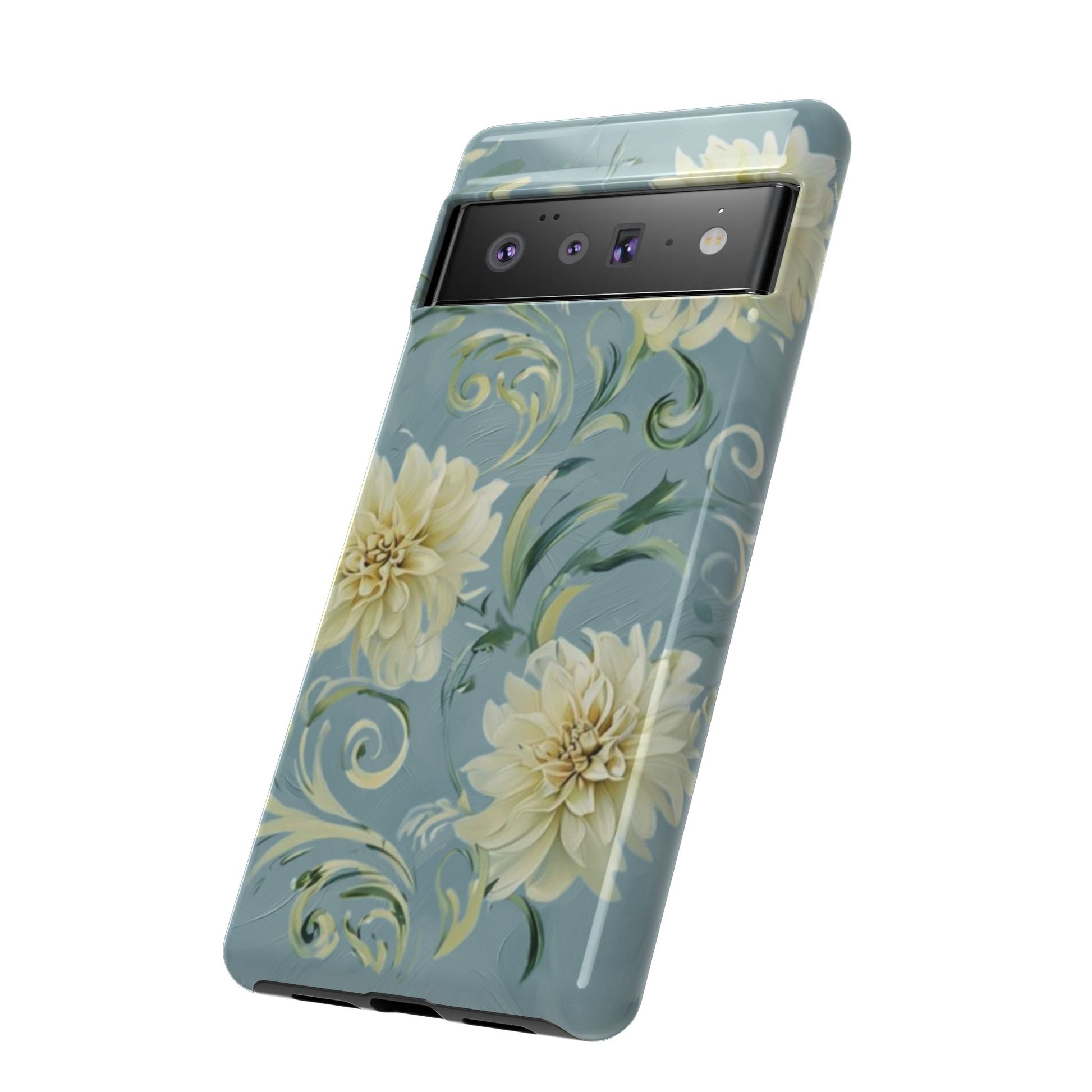 Golden Dahlia Trio - Elegant Floral Google Pixel 6 Pro Tough Phone Case - Artistic White & Blue Dahlia Design