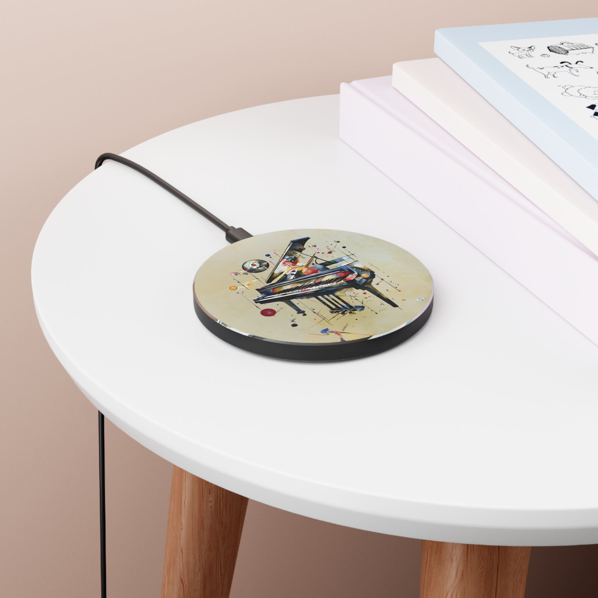Keys of Imagination grand piano music art Qi wireless charger on bedside table with books